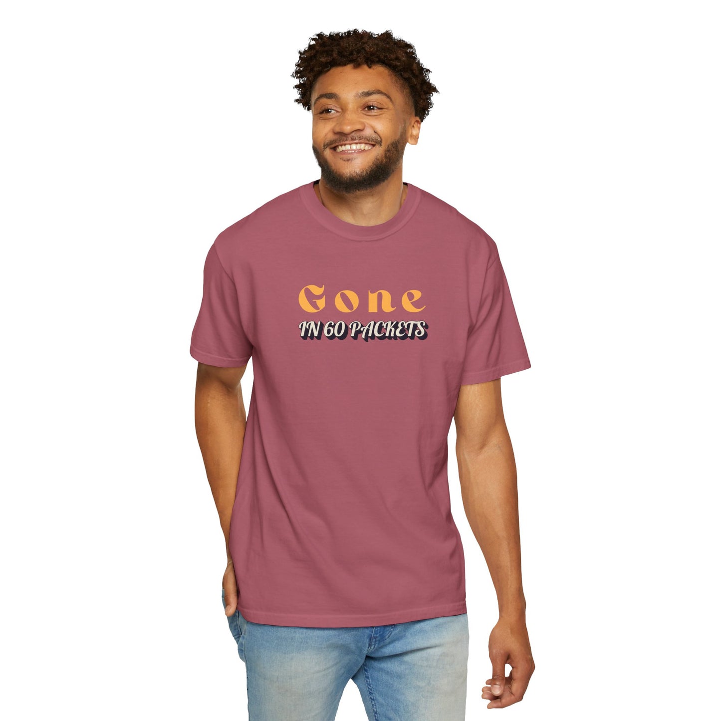 Crimson t-shirt, front view with slogan 'Gone in 60 Packets'