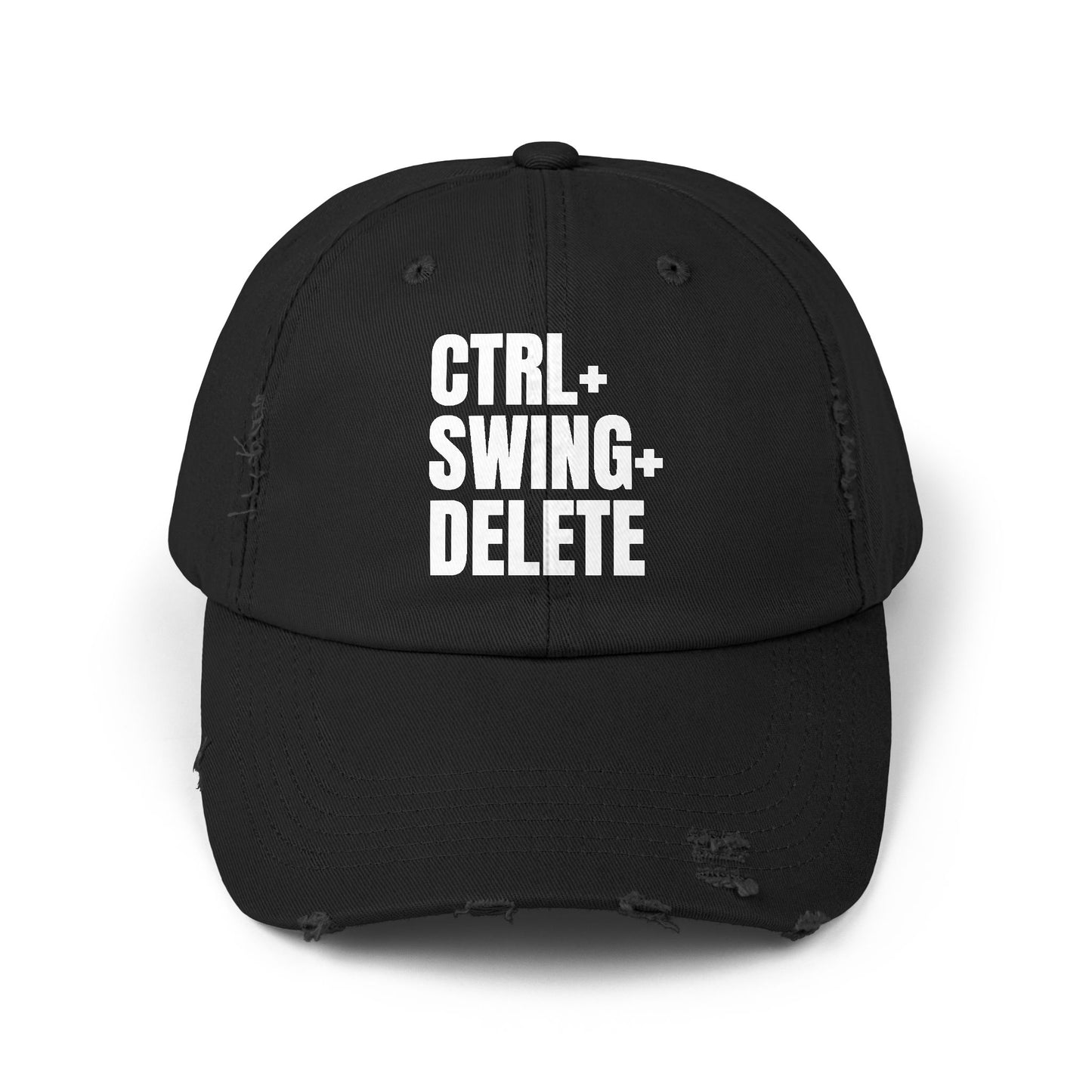 Black Distressed Golf Cap, Front View, Close-up