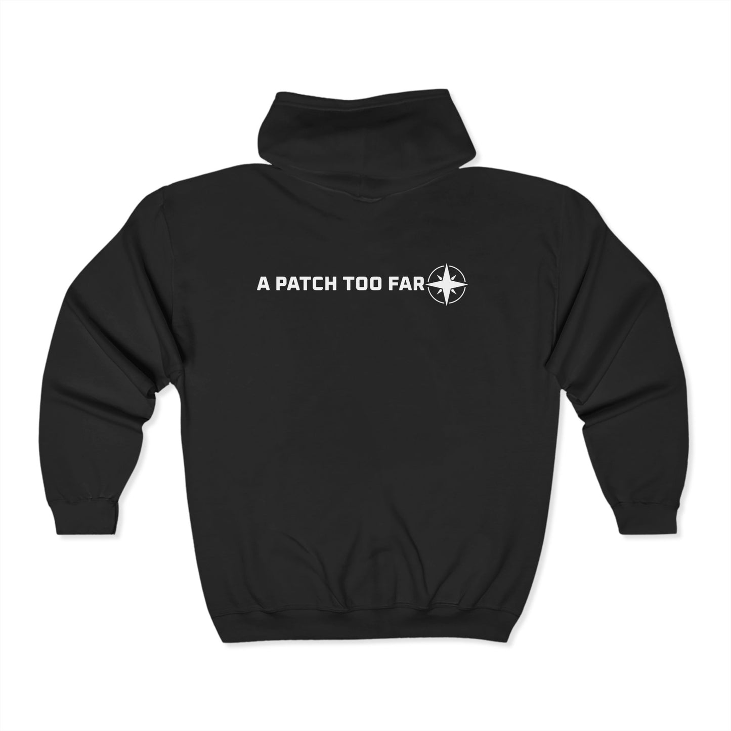Black zip hoodie" or "Black 'A Patch Too Far' zip hoodie front