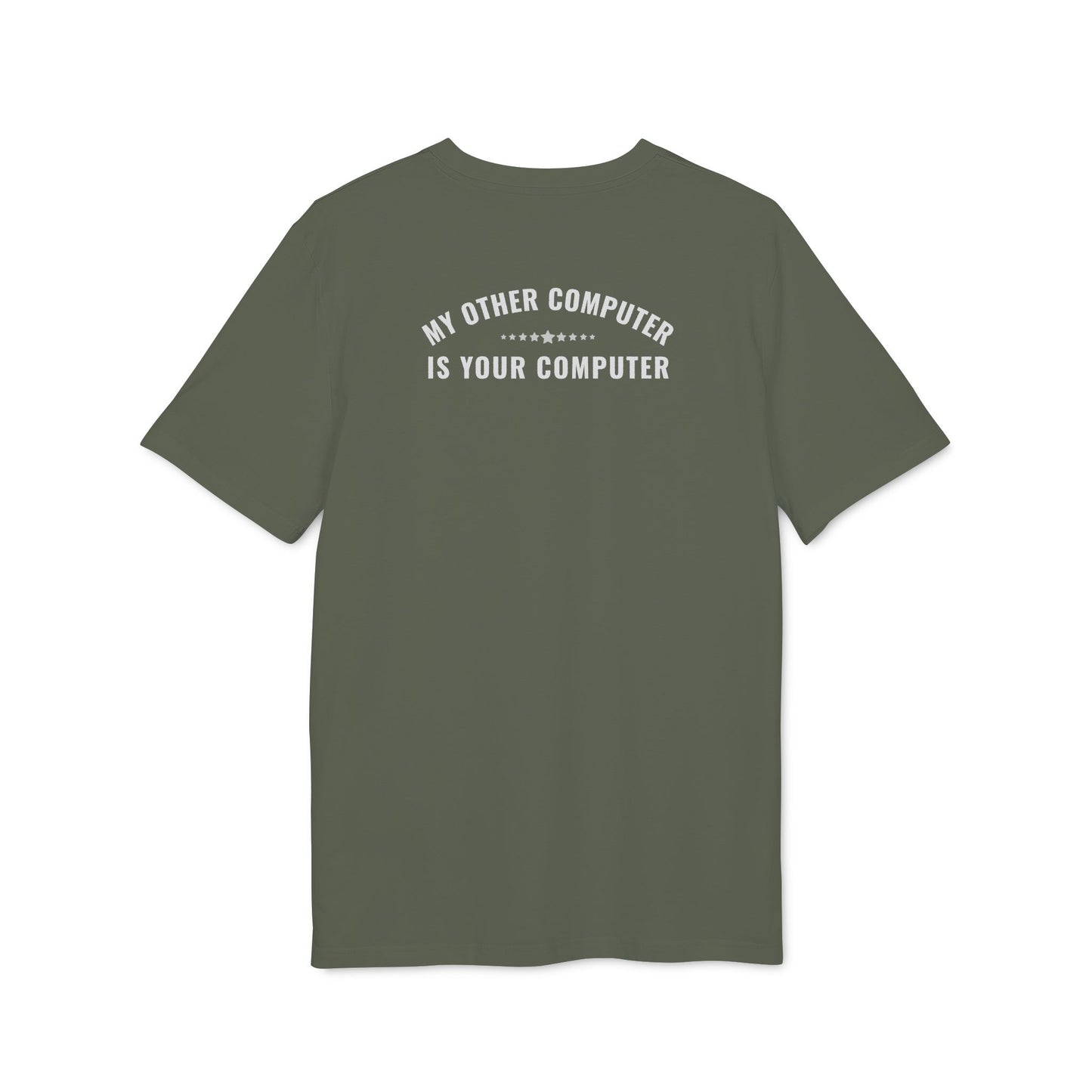 Green t-shirt with white text on a white background