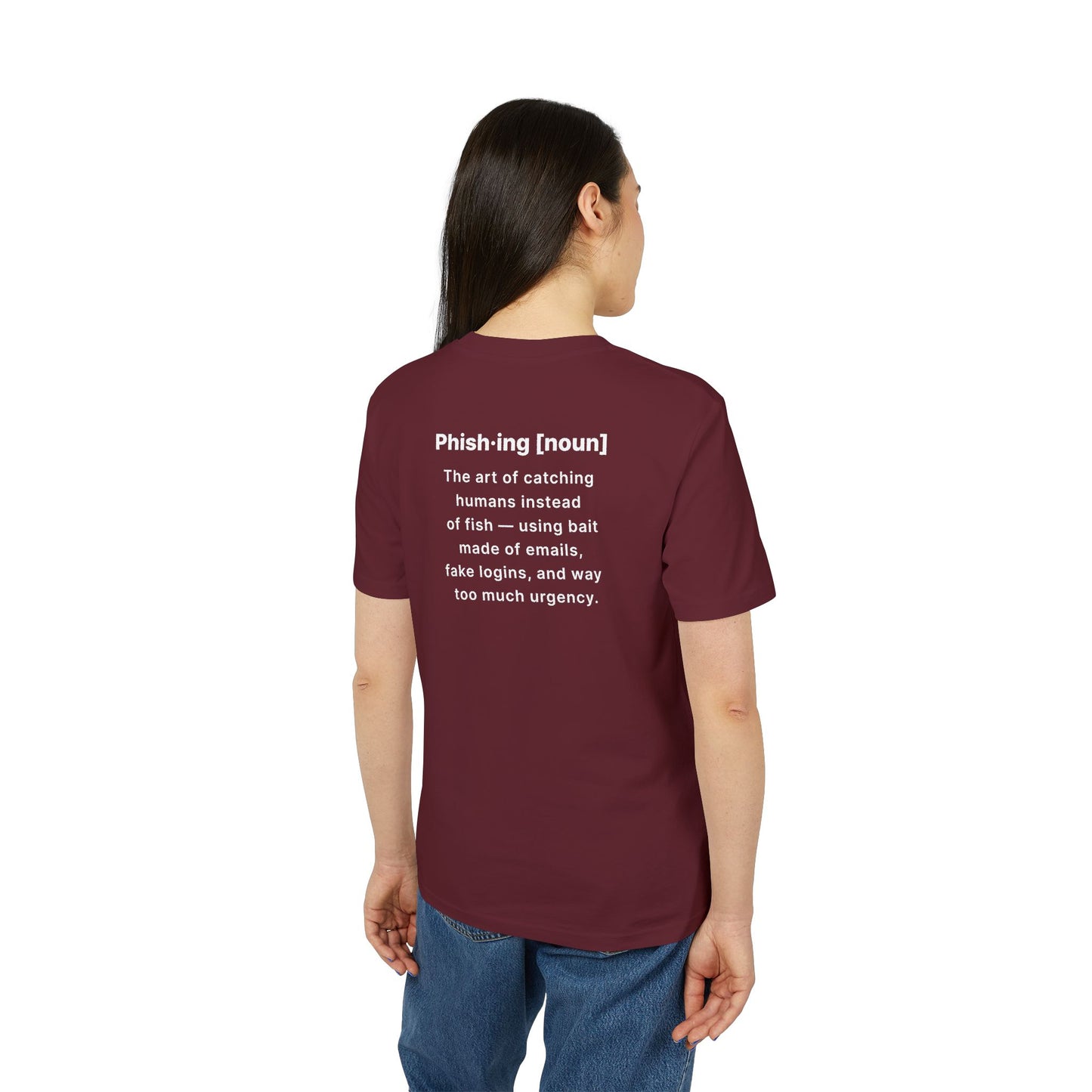 Person wearing a maroon t-shirt with text on the back, standing against a white background