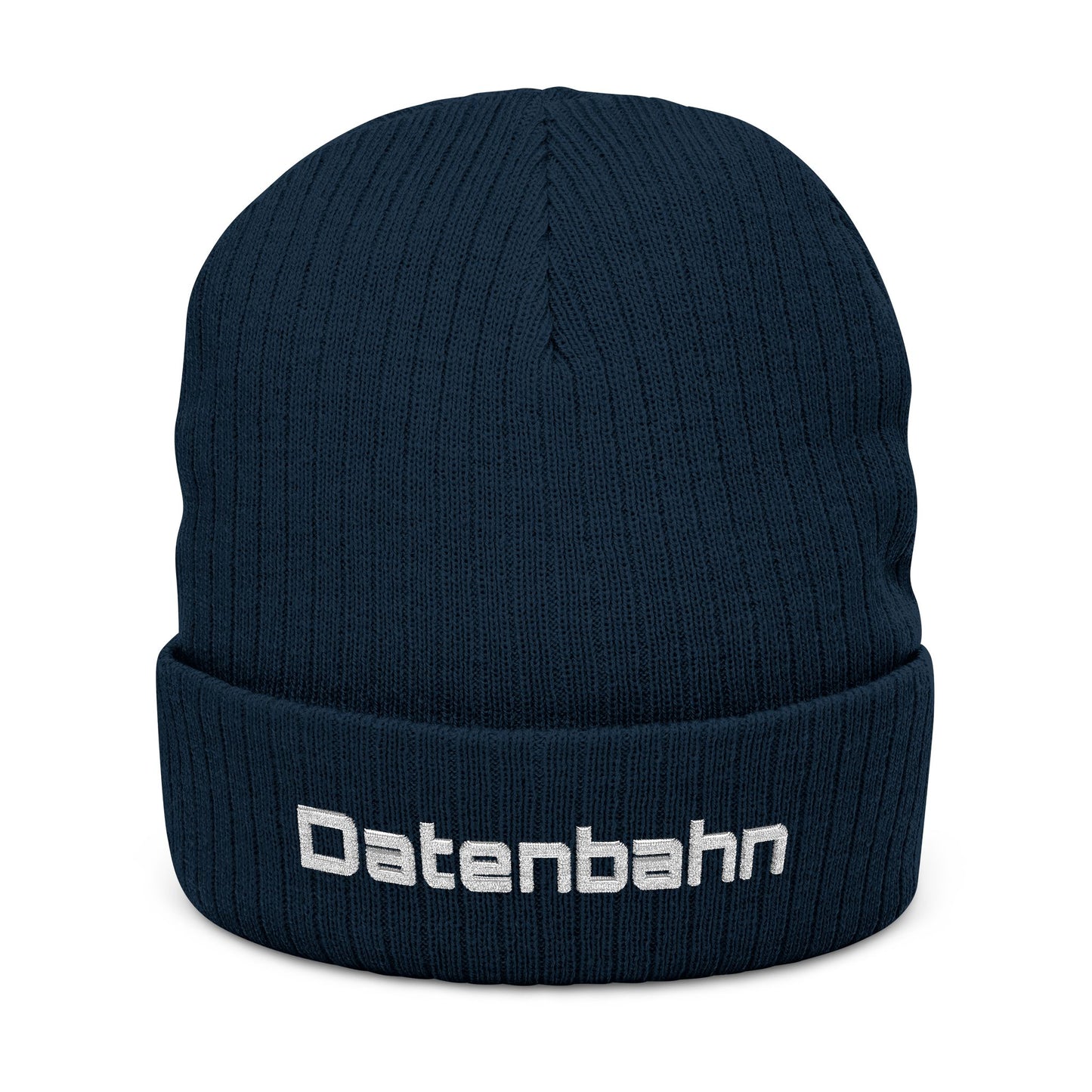 Navy blue beanie with 'Datenbahn' logo on a white background