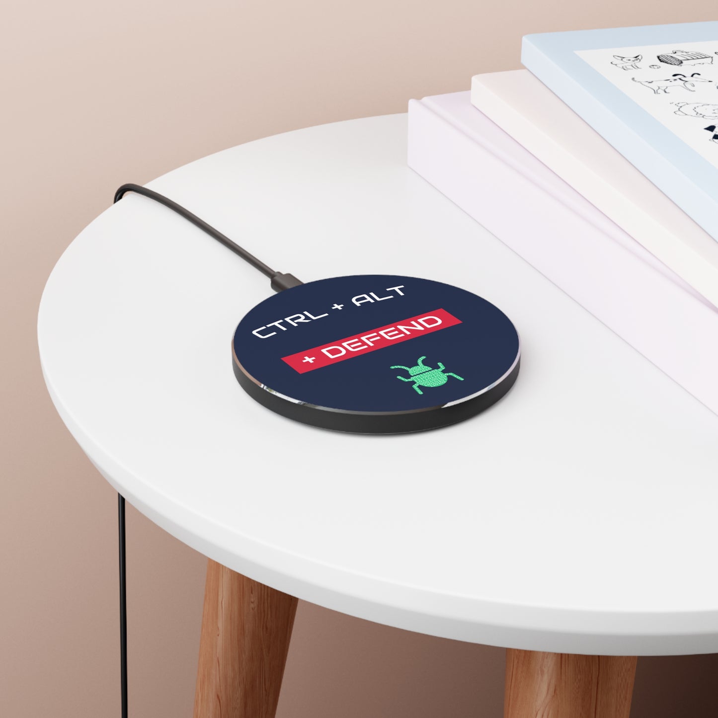 Angled top view of cybersecurity wireless charger with "Ctrl + Alt + Defend" slogan, designed for IT pros and security engineers
