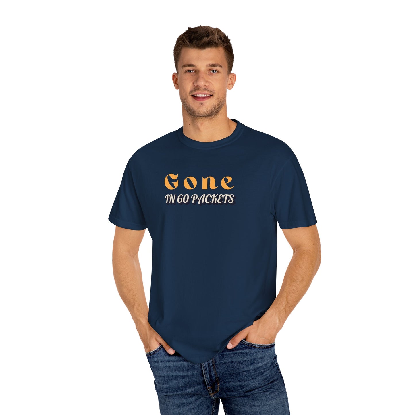 True Navy t-shirt, front view with slogan 'Gone in 60 Packets'