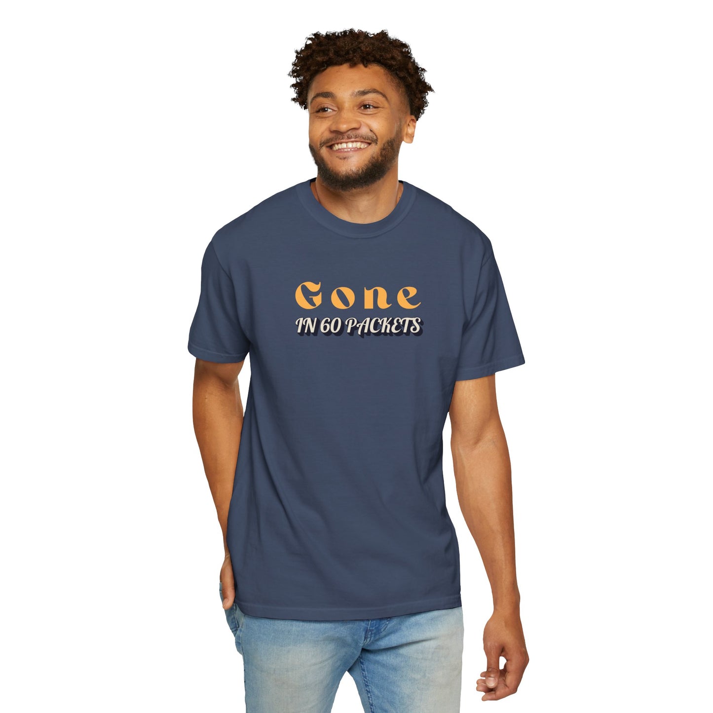 Midnight blue t-shirt, front view with slogan 'Gone in 60 Packets'