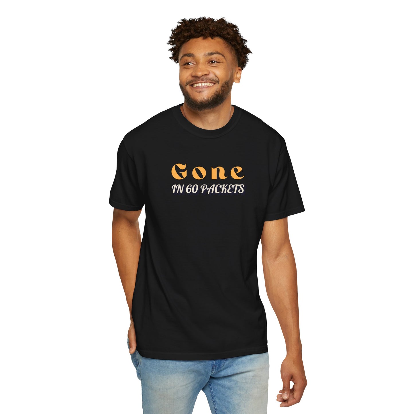 Black t-shirt, front view with slogan 'Gone in 60 Packets'