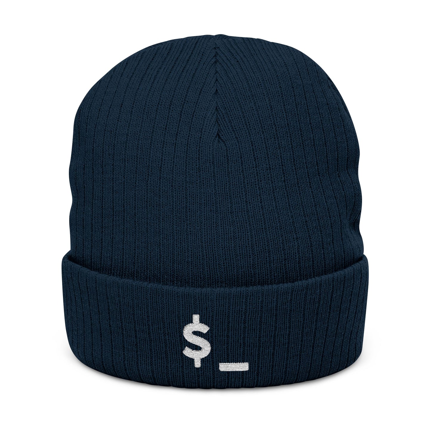 Navy blue beanie with a white dollar sign symbol on a white background