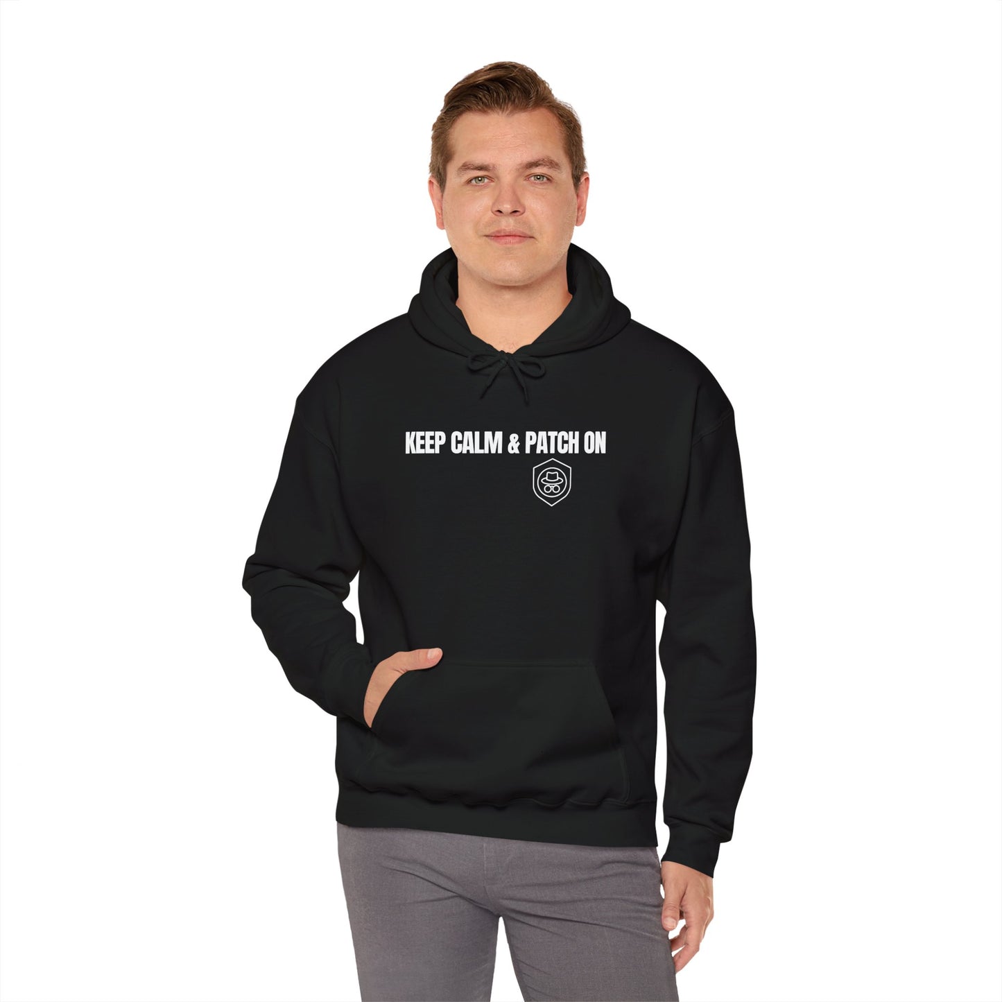 Black hoodie with 'Keep Calm and Patch On' slogan. Front view.