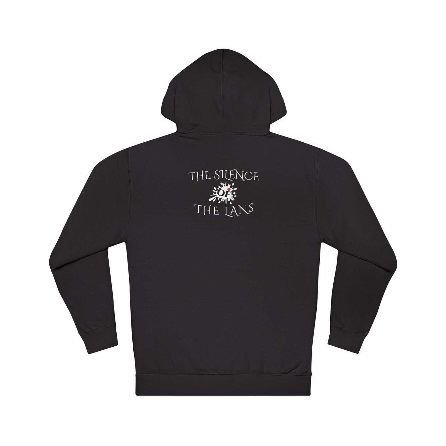 Black hoodie with 'The Silence' and 'The Lans' text on the back against a white background