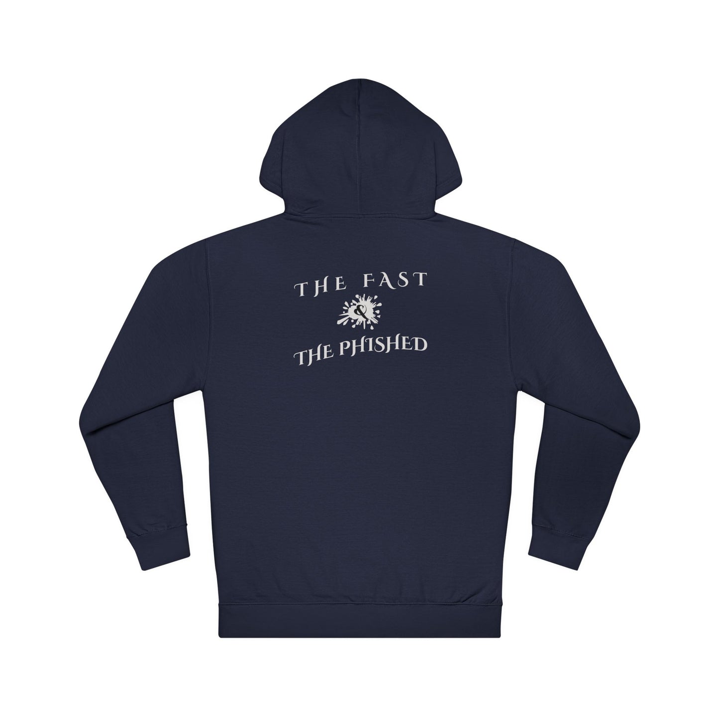 Navy blue hoodie with white text and logo on the back against a white background