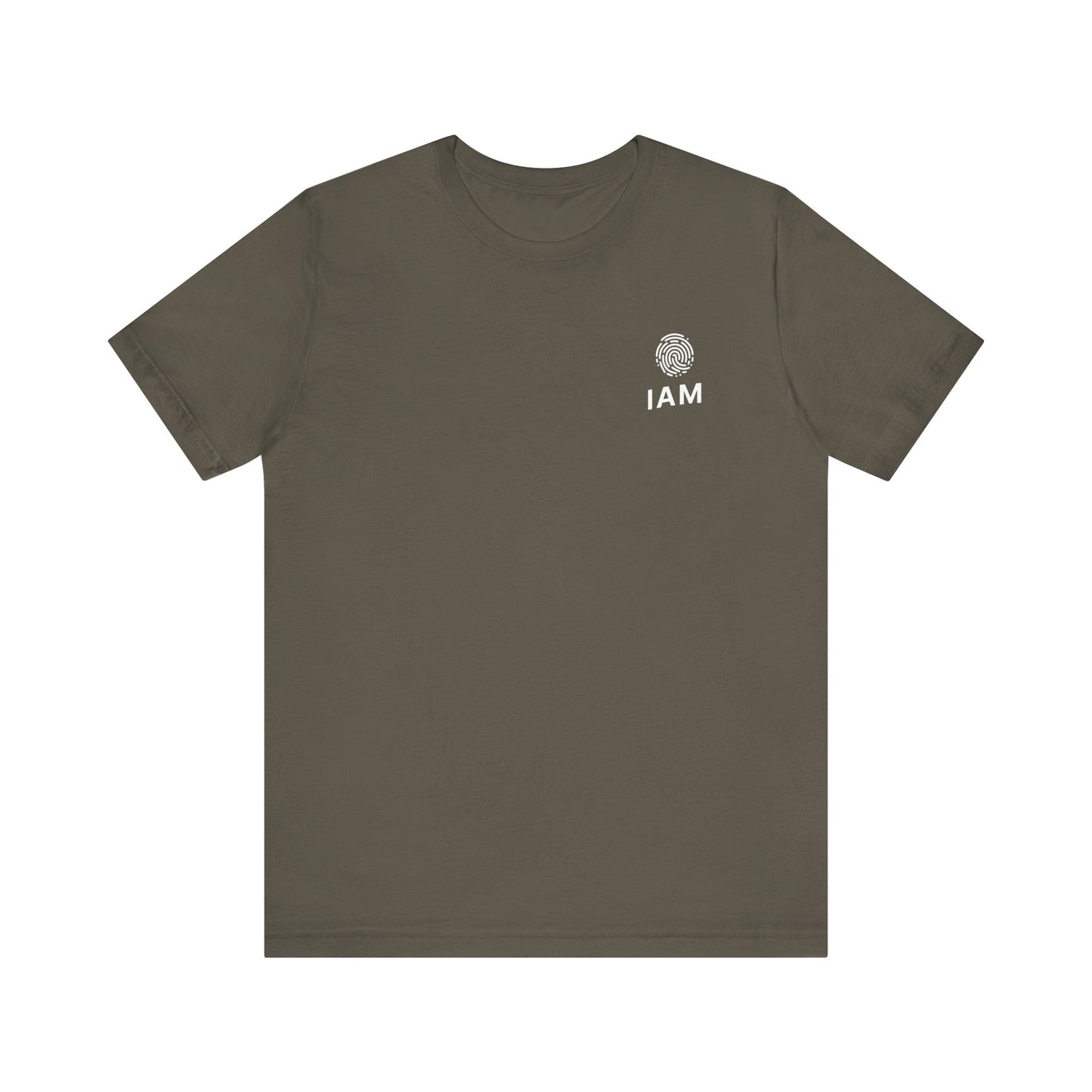 Khaki t-shirt with 'IAM' logo on a white background