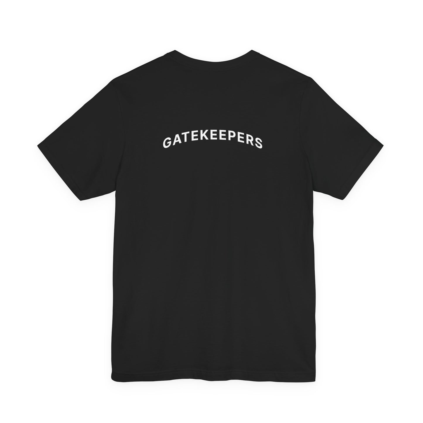 Black t-shirt with 'GATEKEEPERS' text on the back against a white background