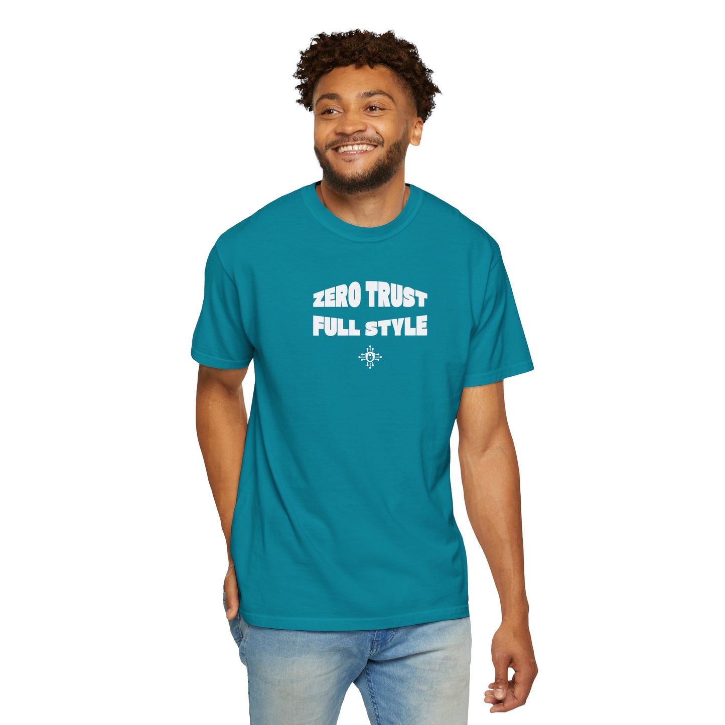 Topaz blue cybersecurity T-shirt with a bold "Zero Trust Full Style" slogan, ideal for IT security professionals