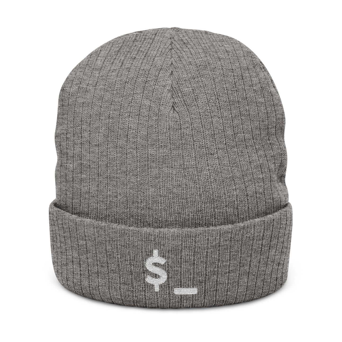Gray beanie with a white logo on a white background