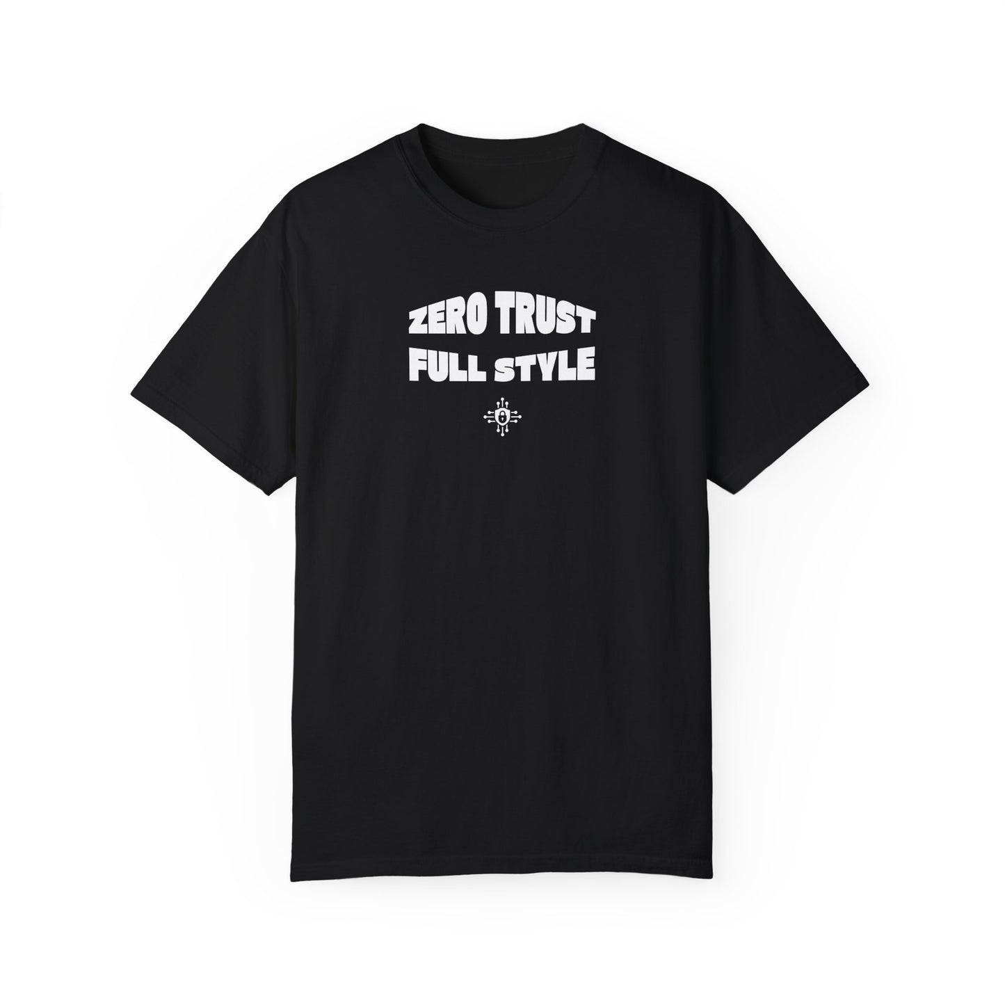 front view of black IT security T-shirt with bold typography, ideal for cybersecurity pros and tech meetups.