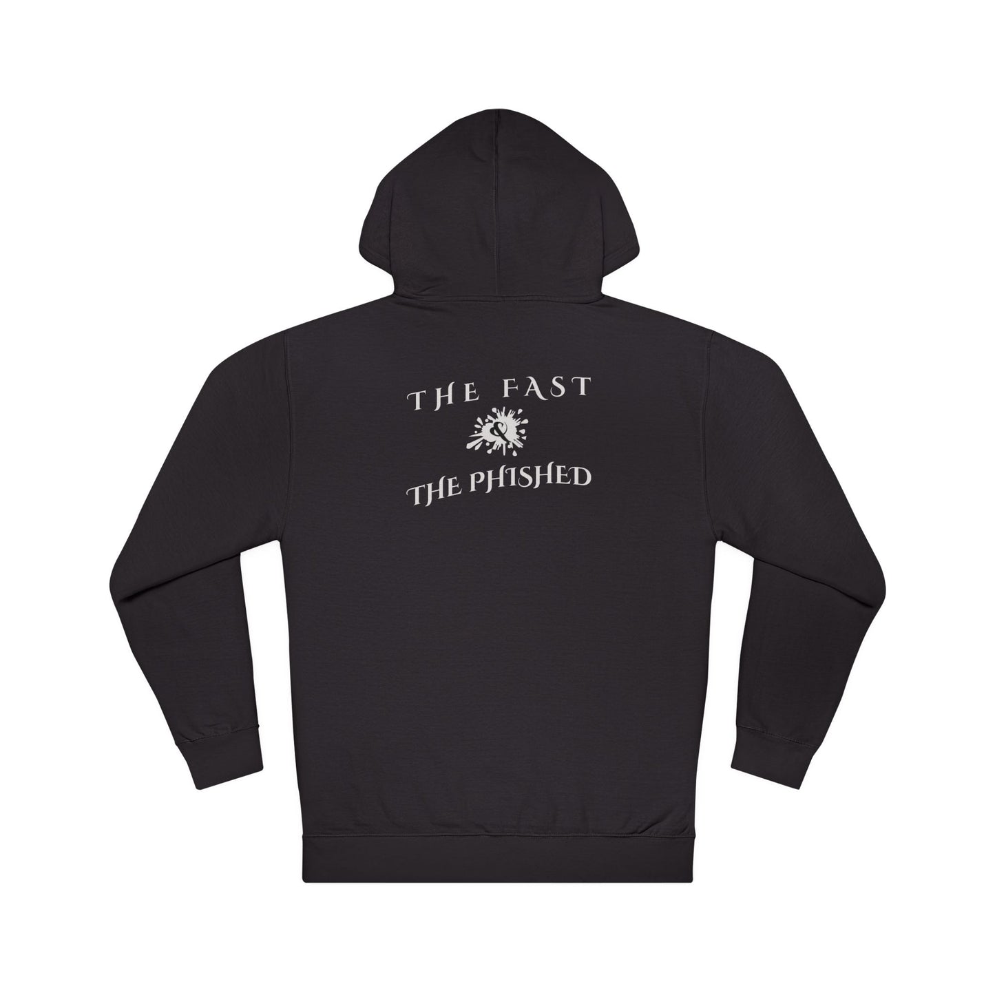 Black hoodie with white text and logo on the back against a white background