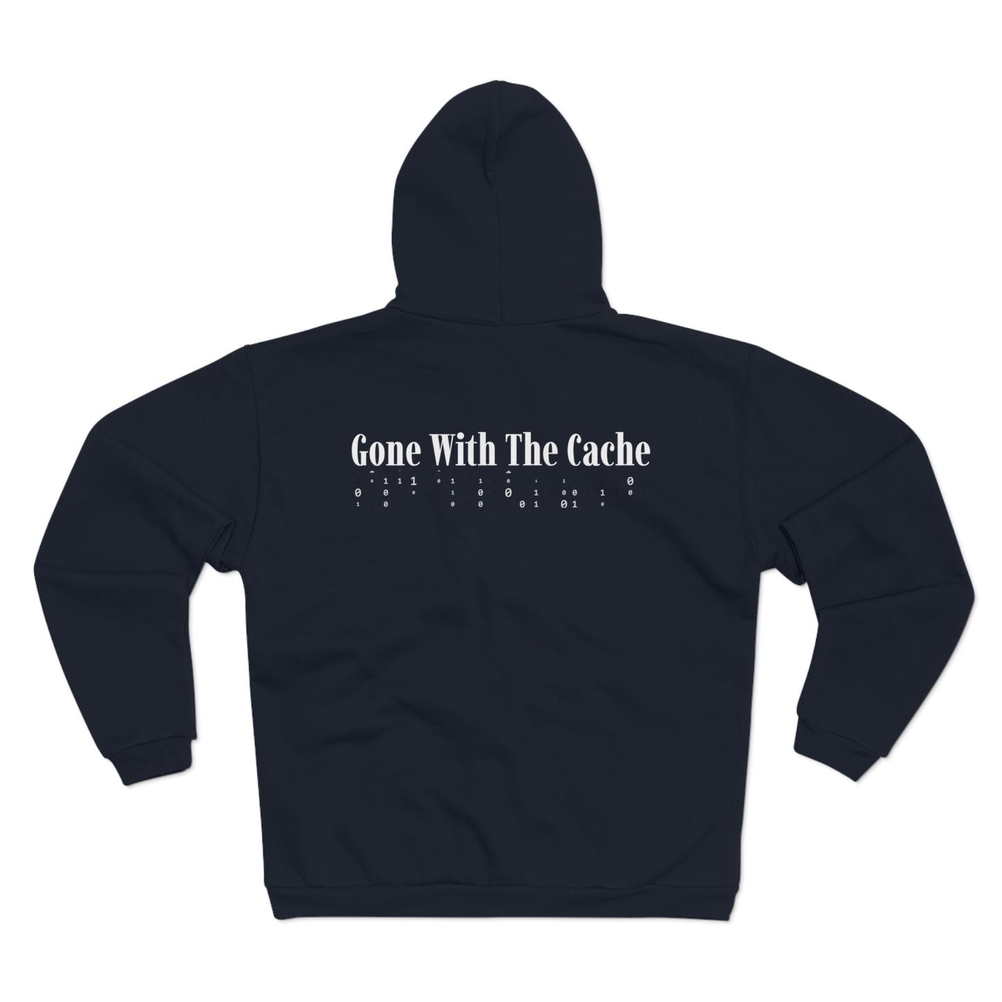 Navy hoodie with 'Gone With The Cache' text on the back against a white background