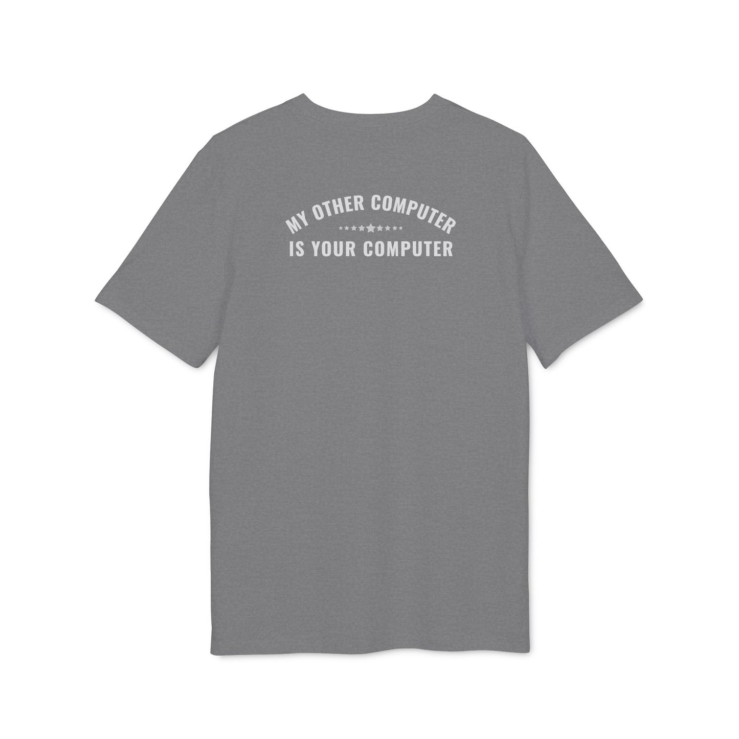 Gray t-shirt with white text on the back on a white background