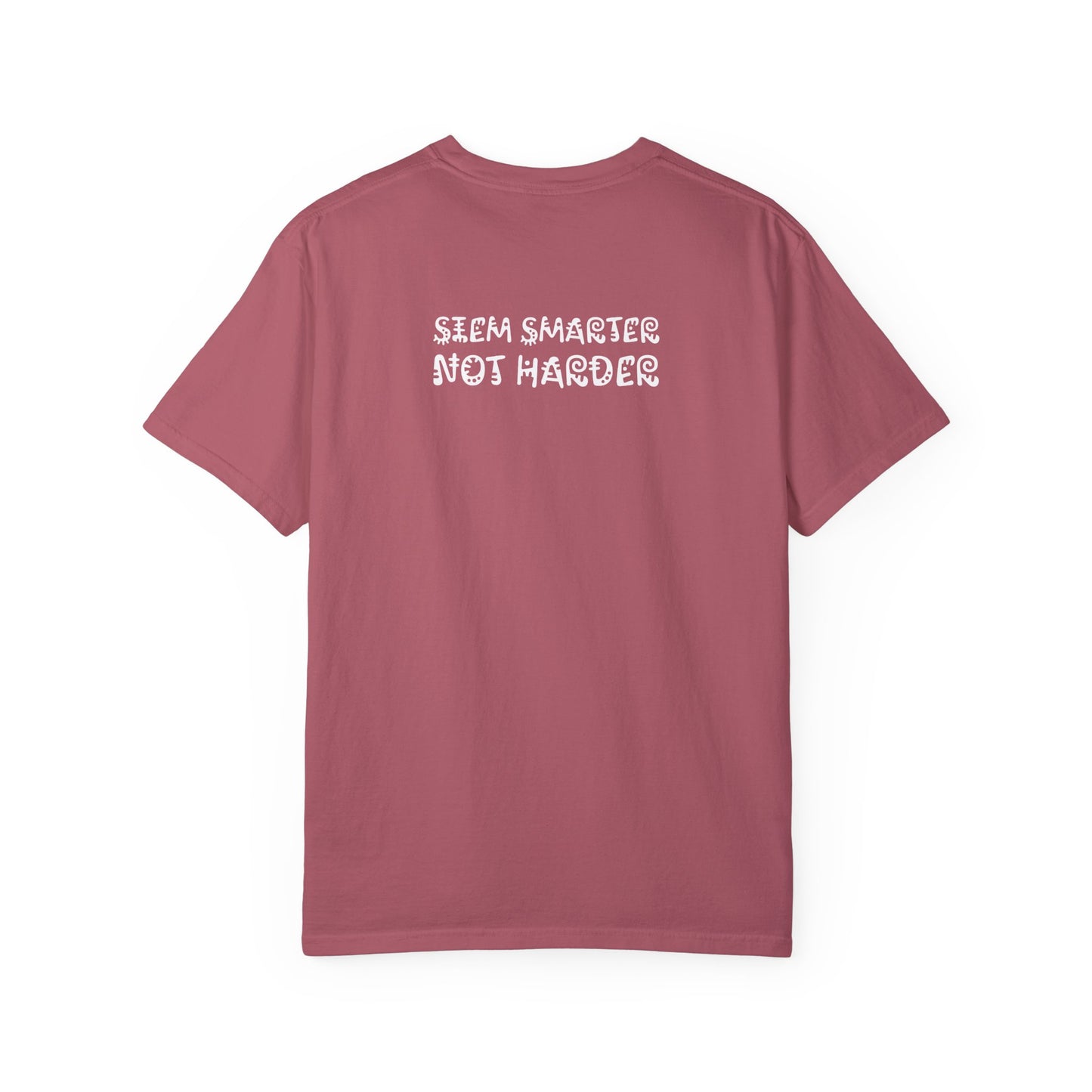 Crimson red t-shirt with a crew neck and short sleeves, featuring the slogan 'SIEM SMARTER, NOT HARDER' printed on the back.