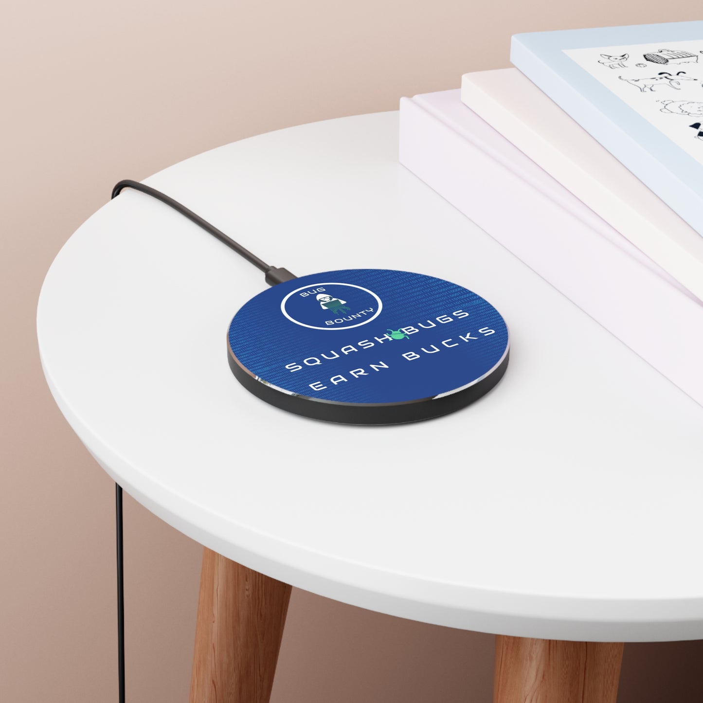 Angled top view of "Bug Bounty" wireless charger, non-slip base, and 10W fast-charging pad for bug bounty hunters and tech pros