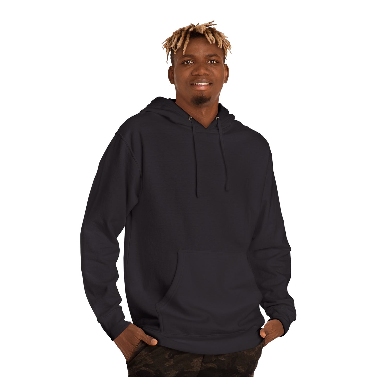 Person wearing a black hoodie on a white background