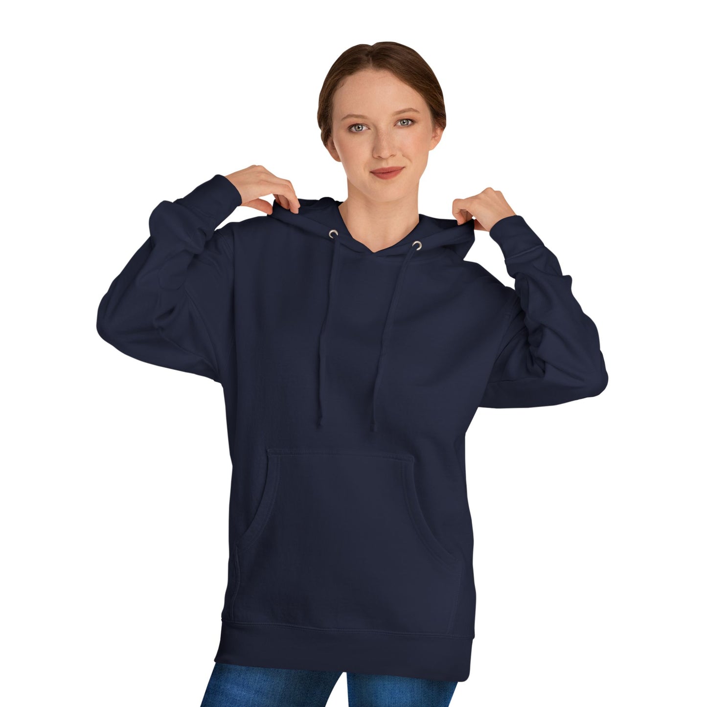 Person wearing a navy blue hoodie on a white background