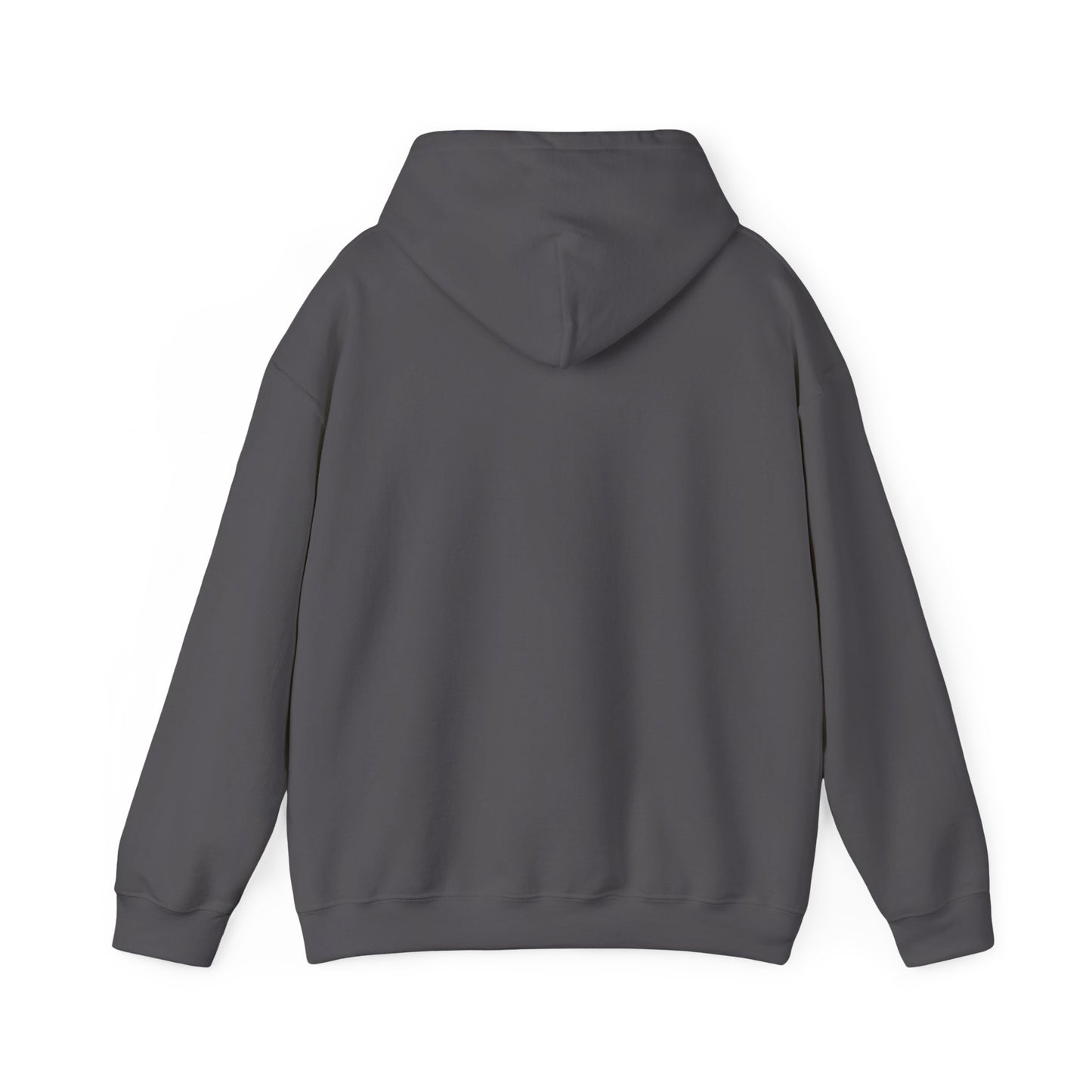 Back view of charcoal gray hoodie featuring the 'Keep Calm and Patch On' slogan on the front-side.