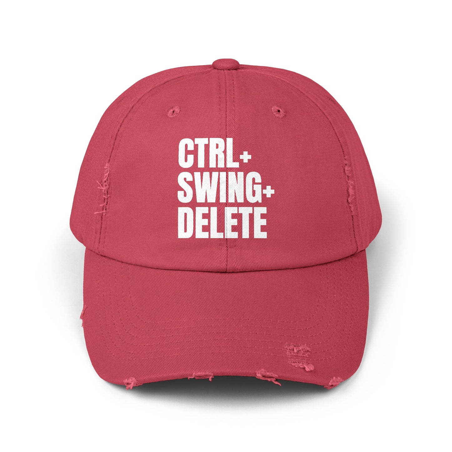 Dashing Red Distressed Golf Cap, Front View, Close-up