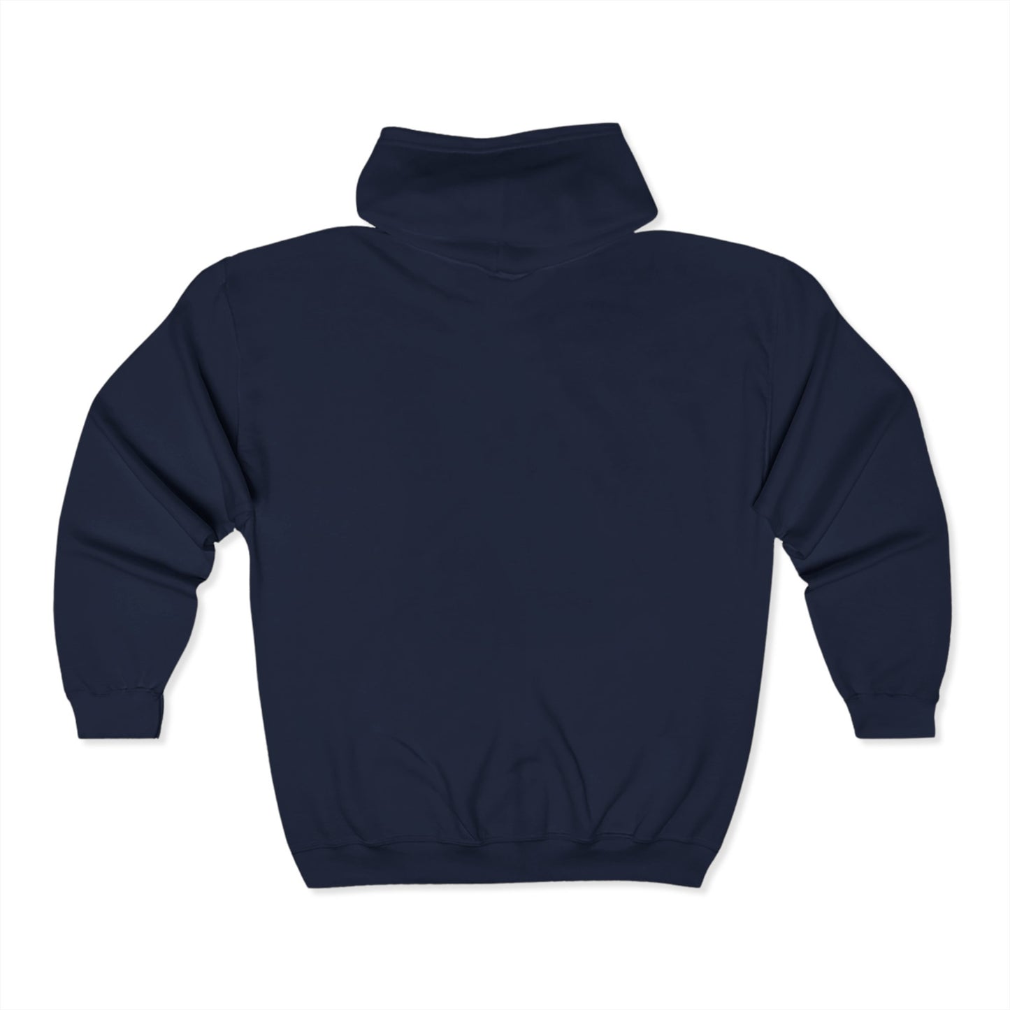 Back view of navy blue zip hoodie designed for women in cybersecurity with witty "Beauty, Brains & Burp Suite" slogan.