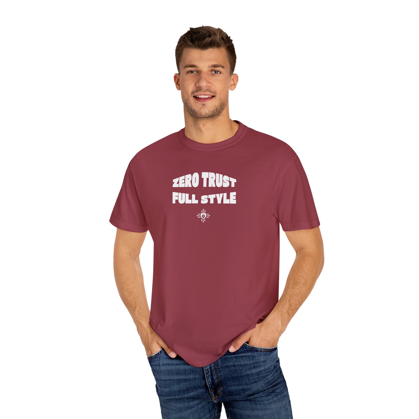 Chilli red cybersecurity T-shirt featuring "Zero Trust Full Style" slogan, designed for IT security professionals and tech lovers