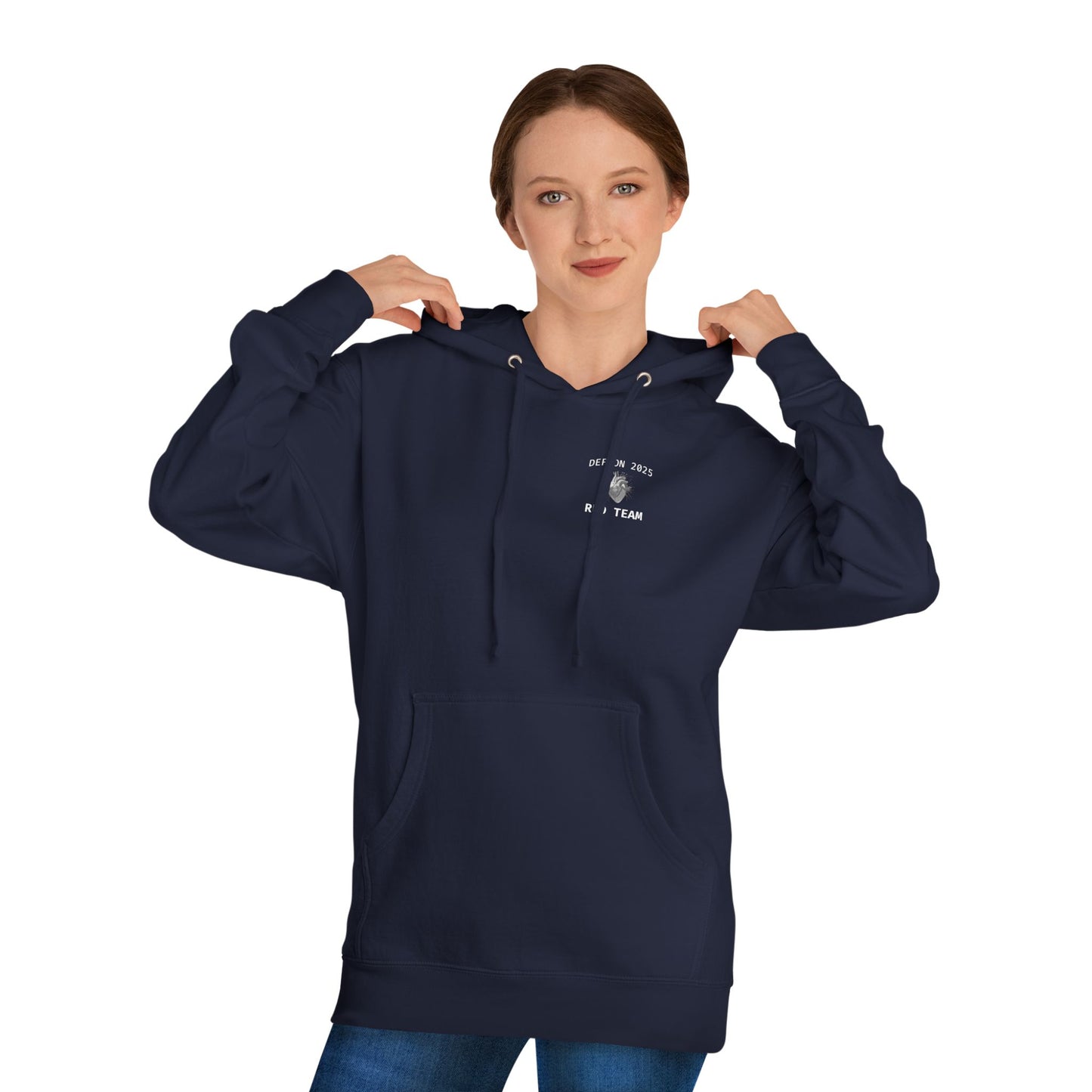 Person wearing a navy blue hoodie with a logo on a white background