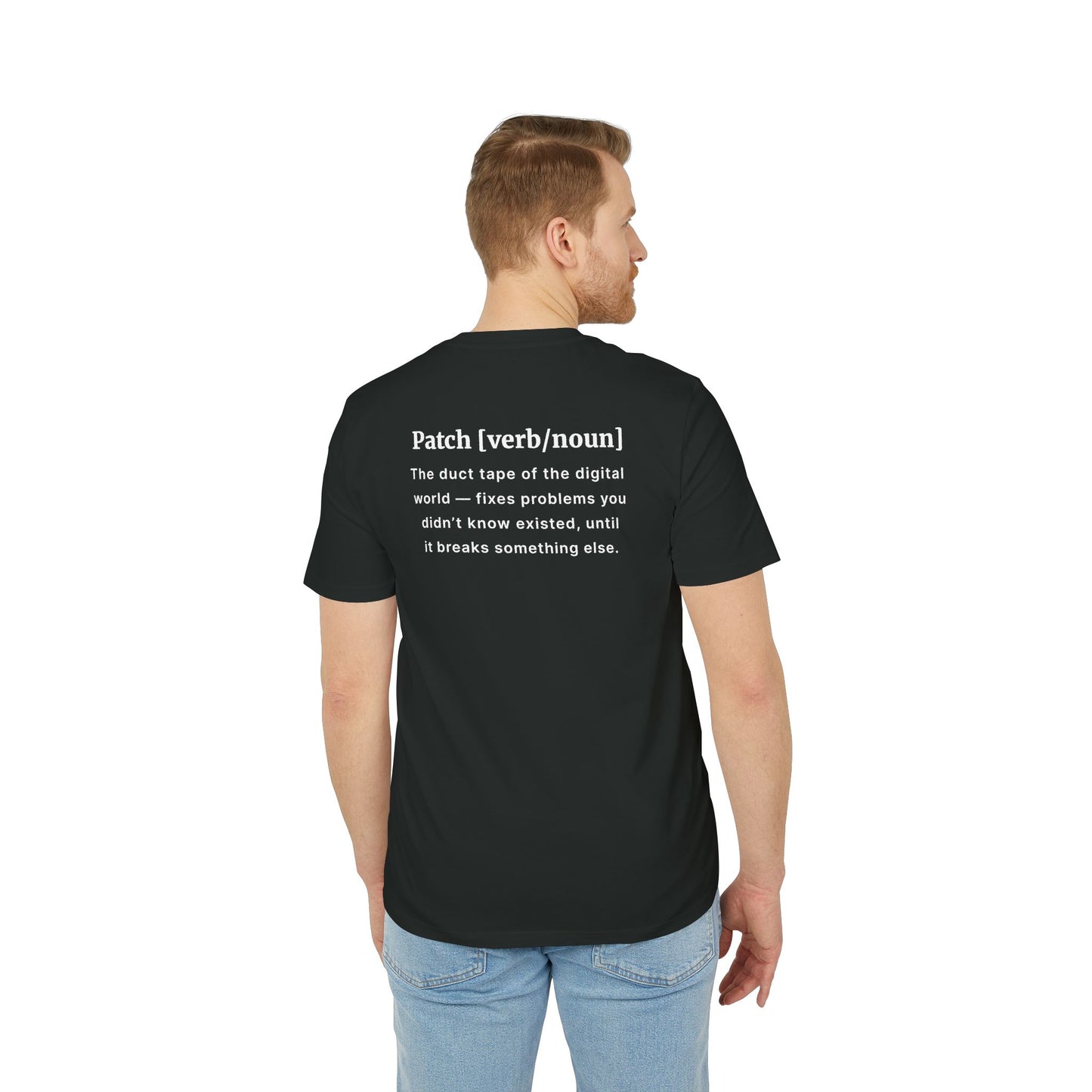 Man wearing a black t-shirt with text on the back, standing against a white background