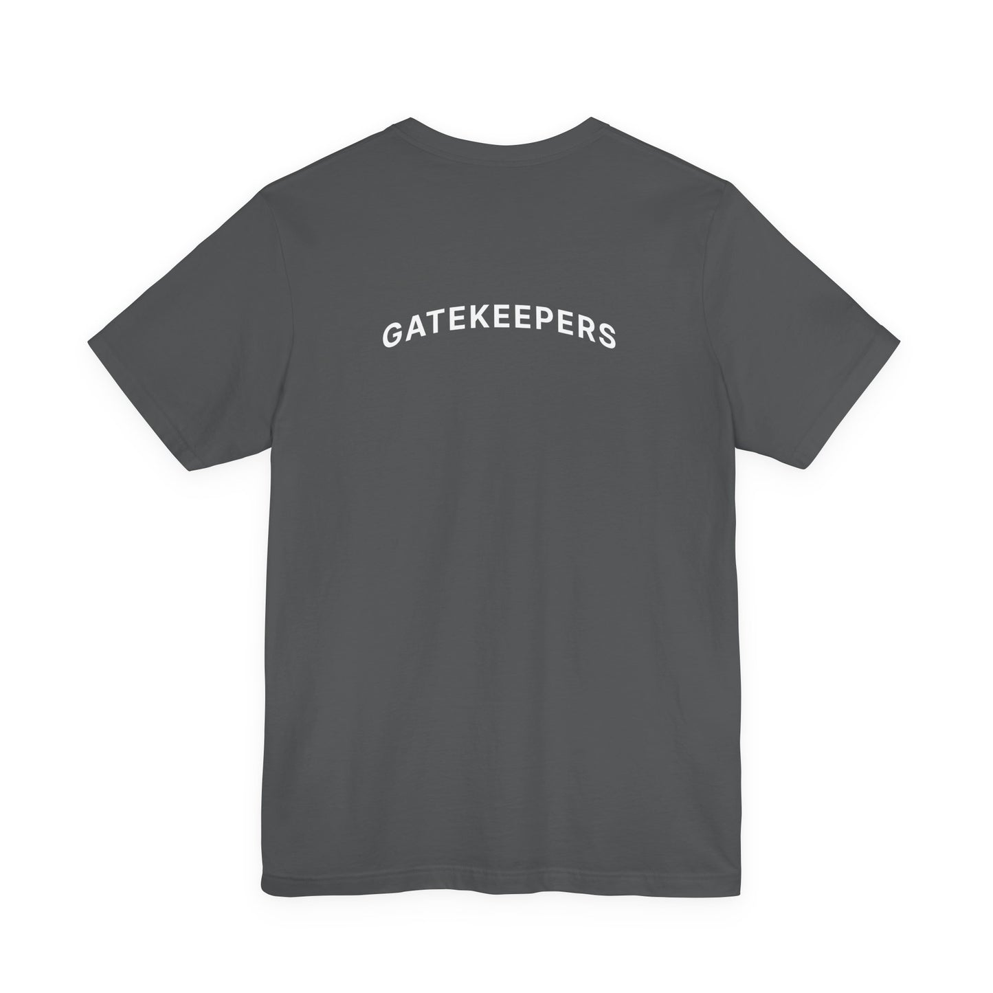 Asphalt t-shirt with 'GATEKEEPERS' text on the back against a white background