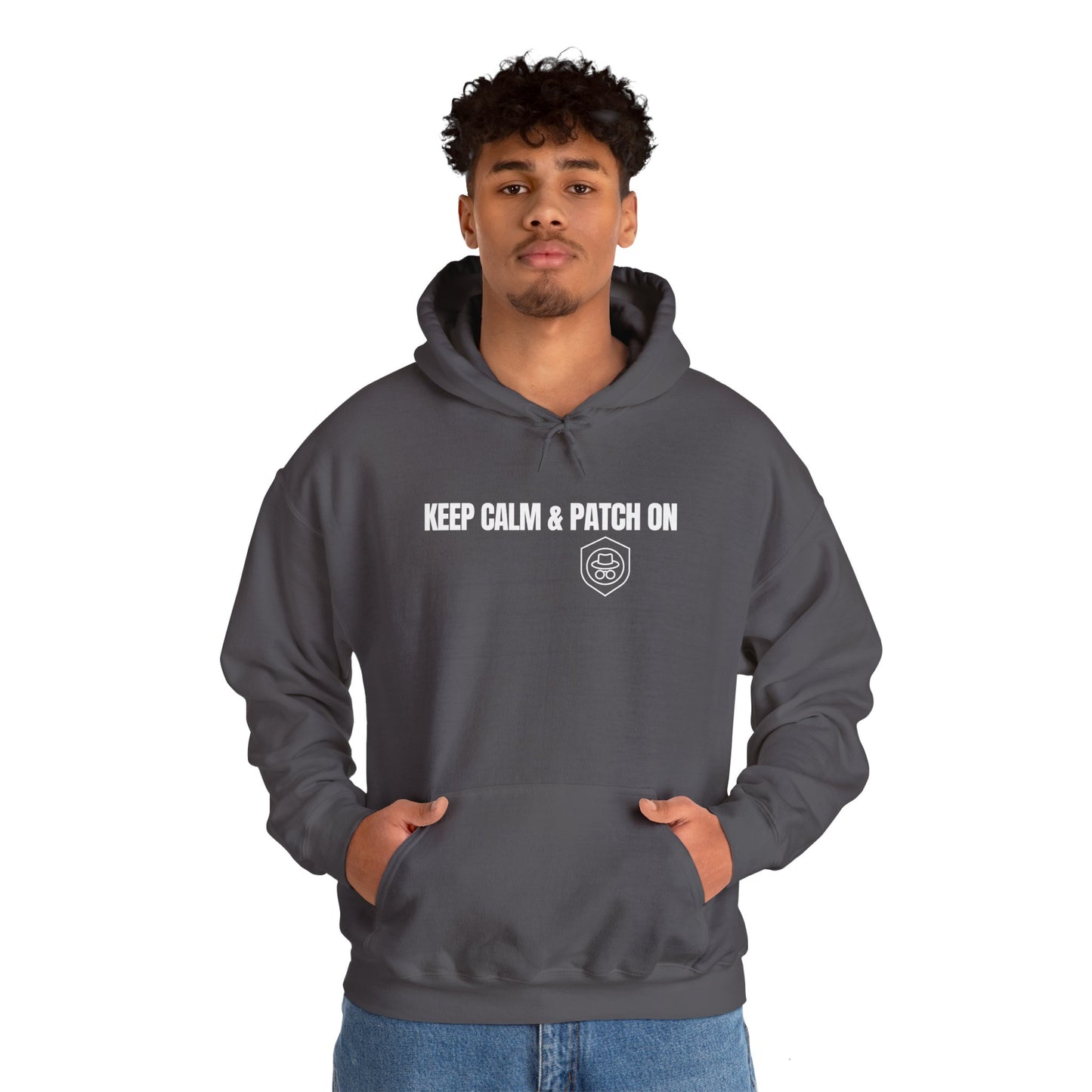 Charcoal gray hoodie with 'Keep Calm and Patch On' slogan. Front view.