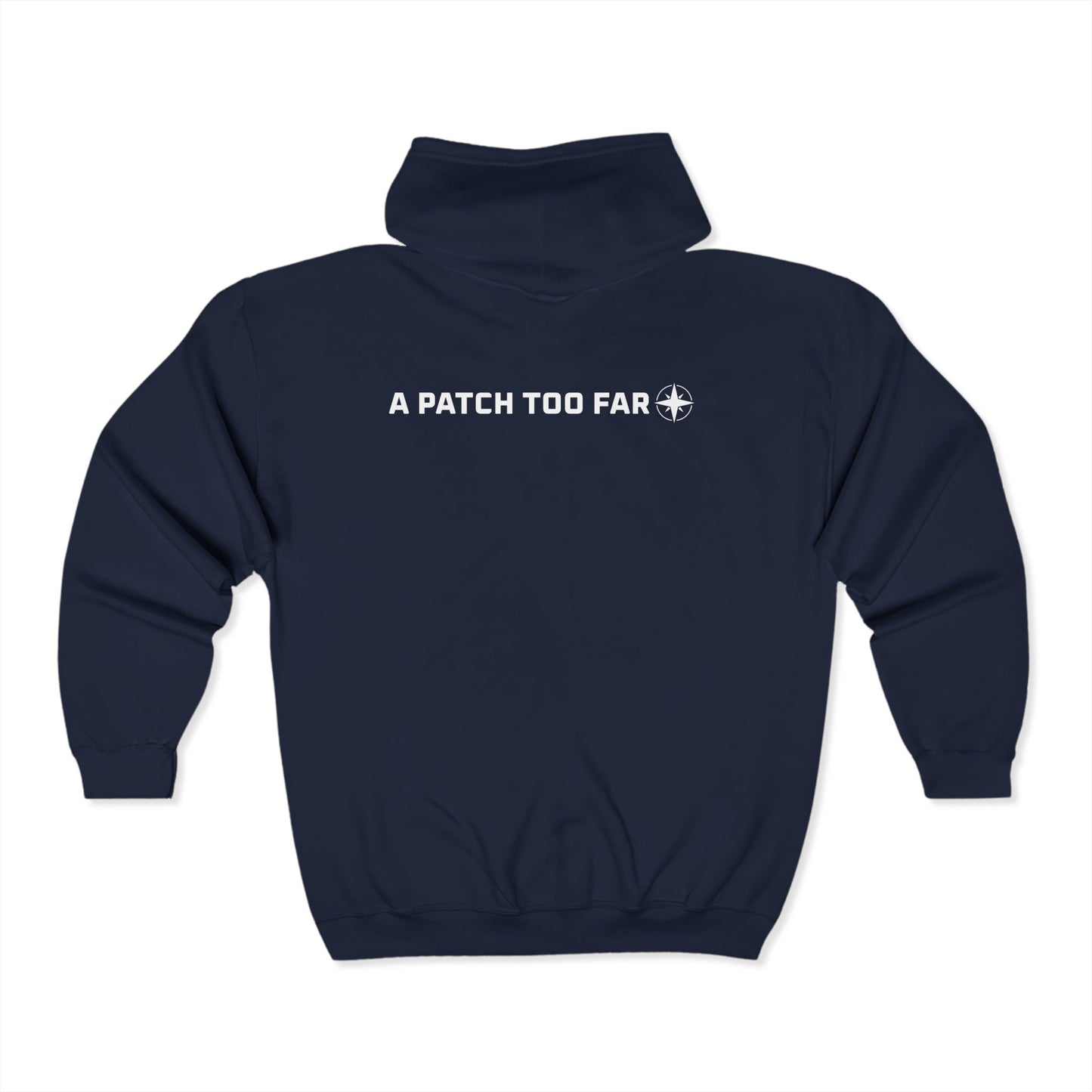 Navy zip hoodie" or "Navy 'A Patch Too Far' zip hoodie front