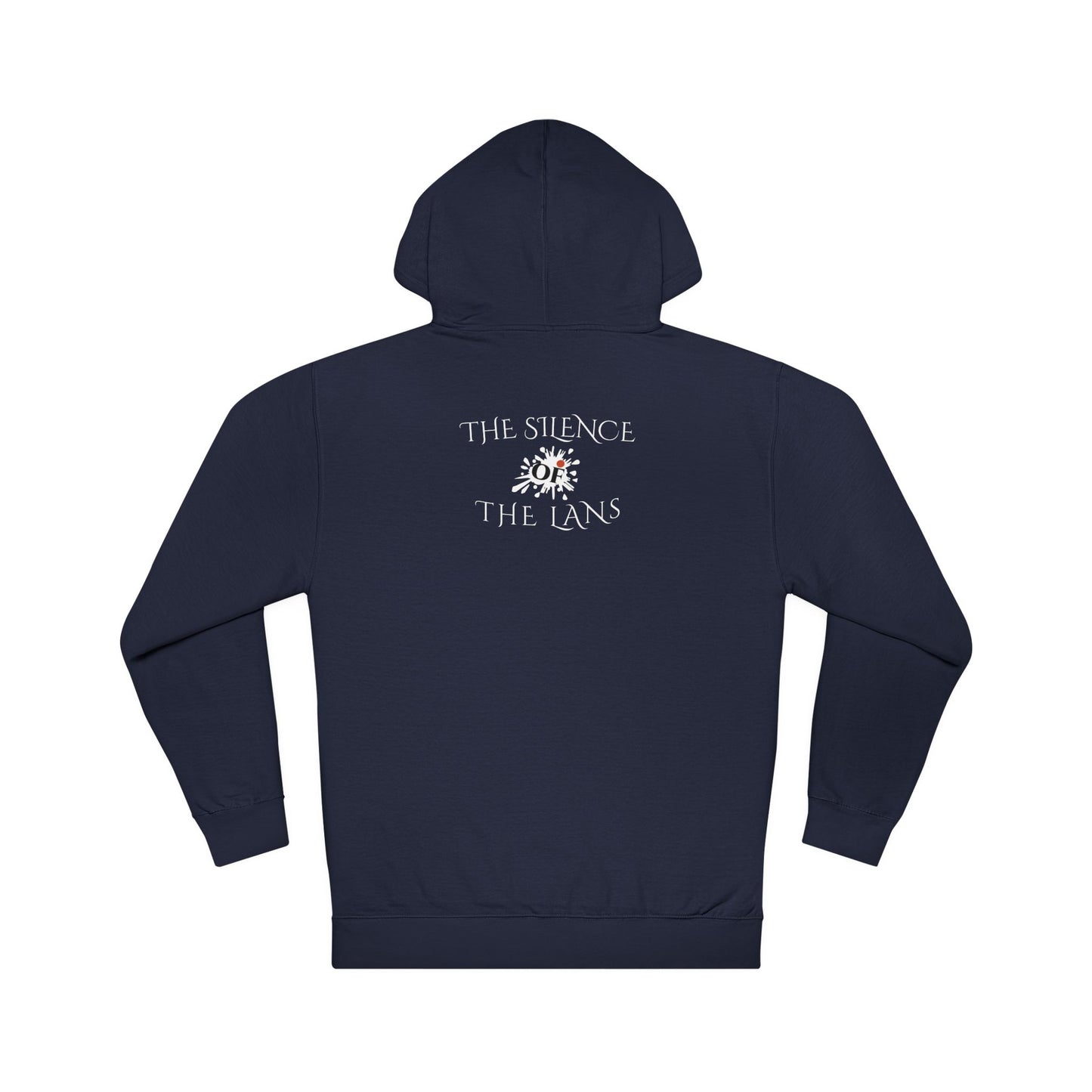 Navy blue hoodie with 'The Silence' and 'The Lans' text on the back against a white background