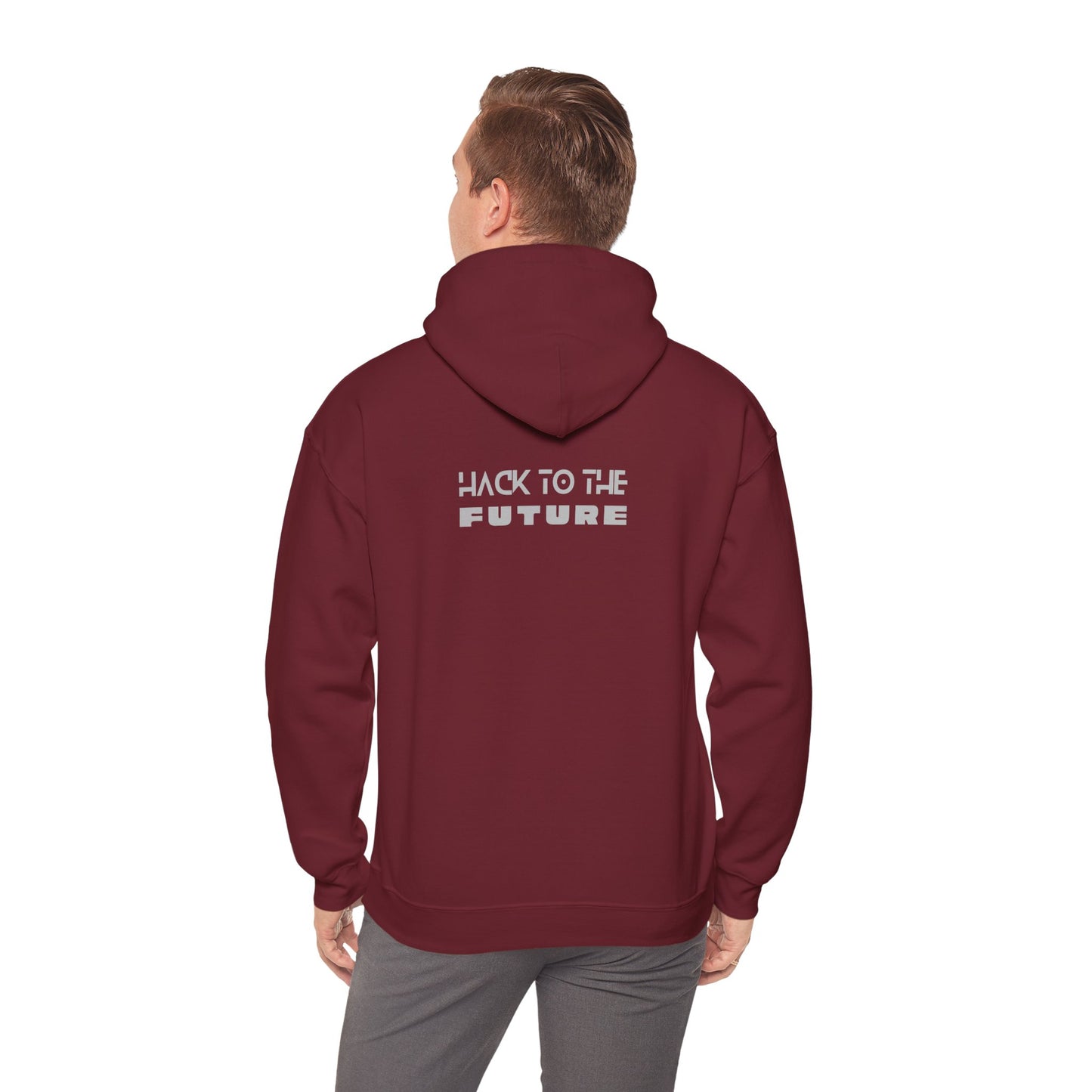 Garnet red tech hoodie back, 'Hack to the Future' design, perfect for IT pros and cybersecurity fans.