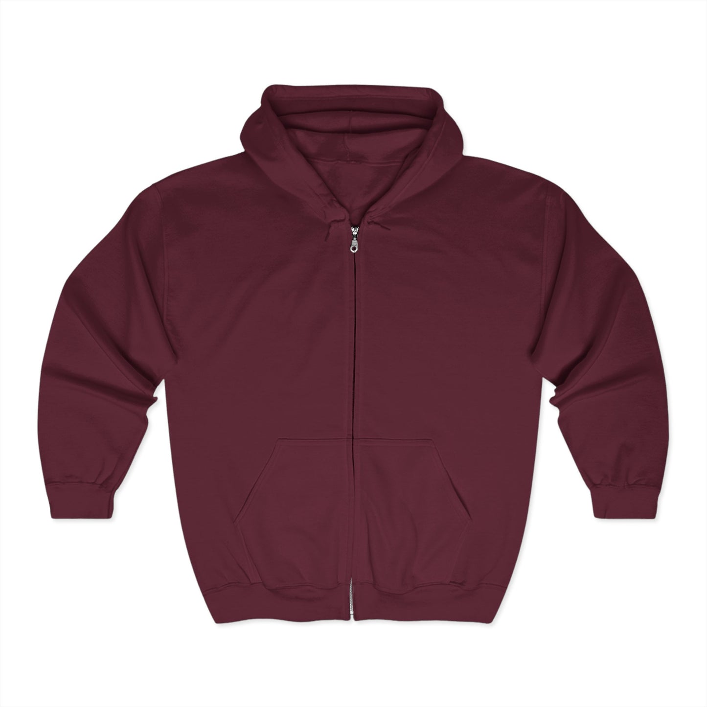 Maroon zip hoodie back with 'A Patch Too Far' slogan