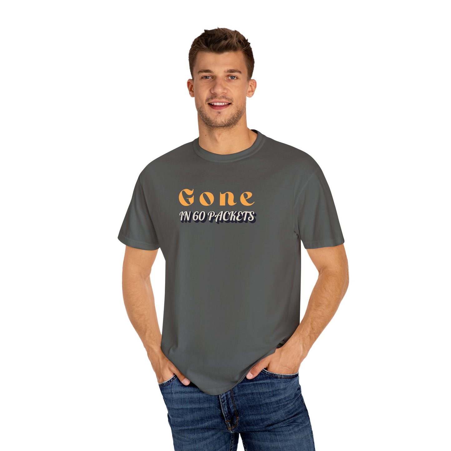 Pepper gray t-shirt, front view with slogan 'Gone in 60 Packets'