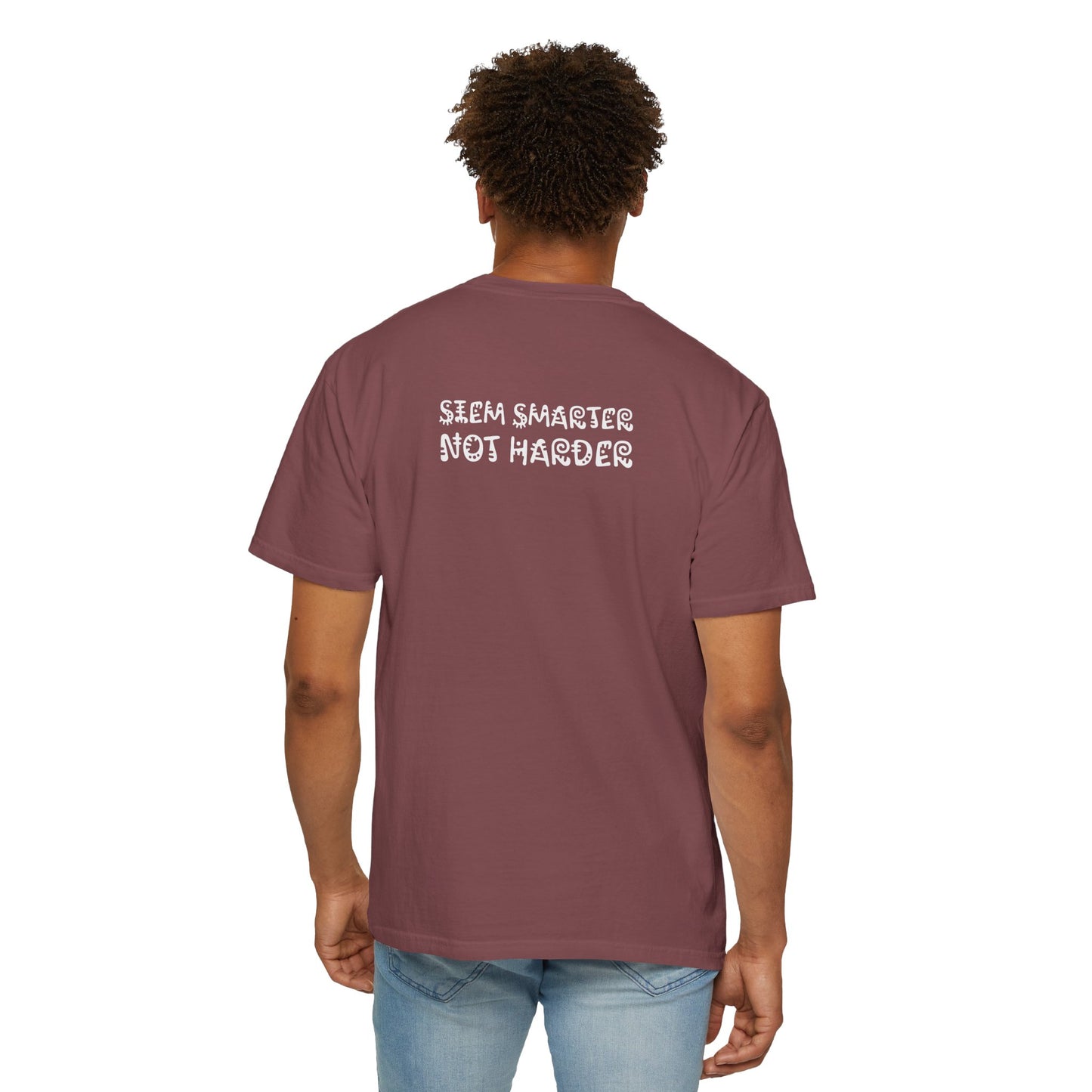Brick red t-shirt with a crew neck and short sleeves, featuring the slogan 'SIEM SMARTER, NOT HARDER' printed on the back.