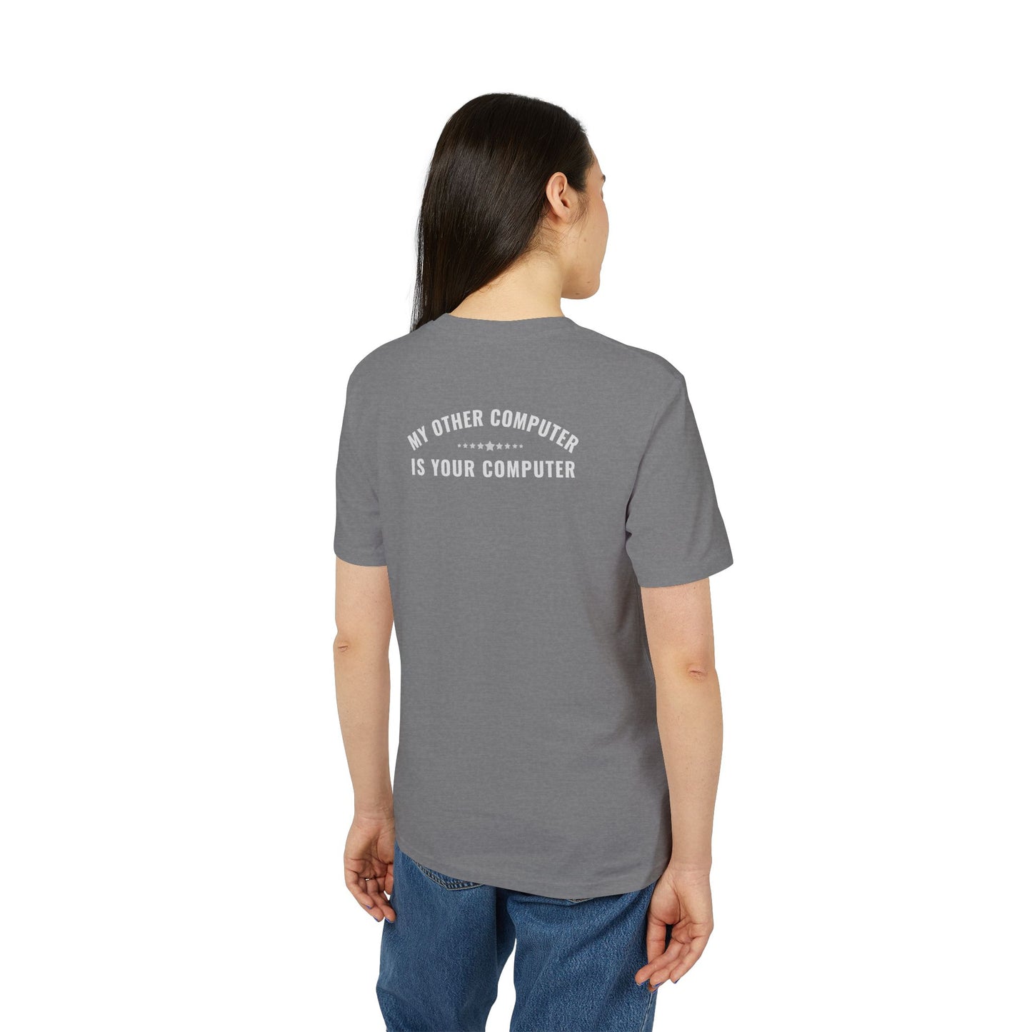 Person wearing a gray t-shirt with text on the back, standing against a white background