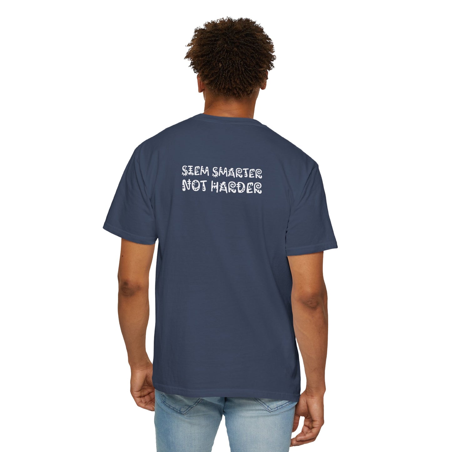 Midnight blue t-shirt with a crew neck and short sleeves, featuring the slogan 'SIEM SMARTER, NOT HARDER' printed on the back.