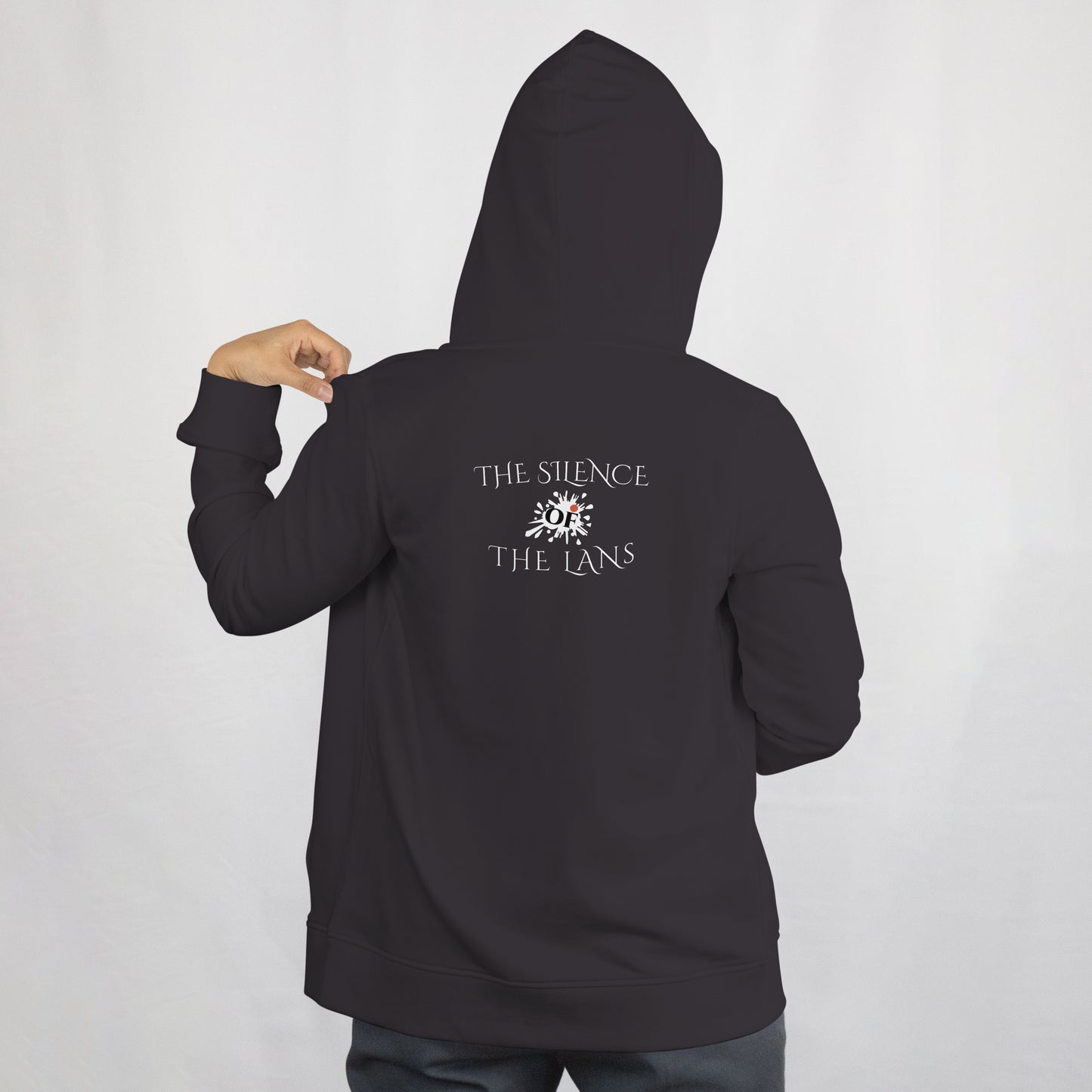 Black hoodie with text and logo on the back against a white background