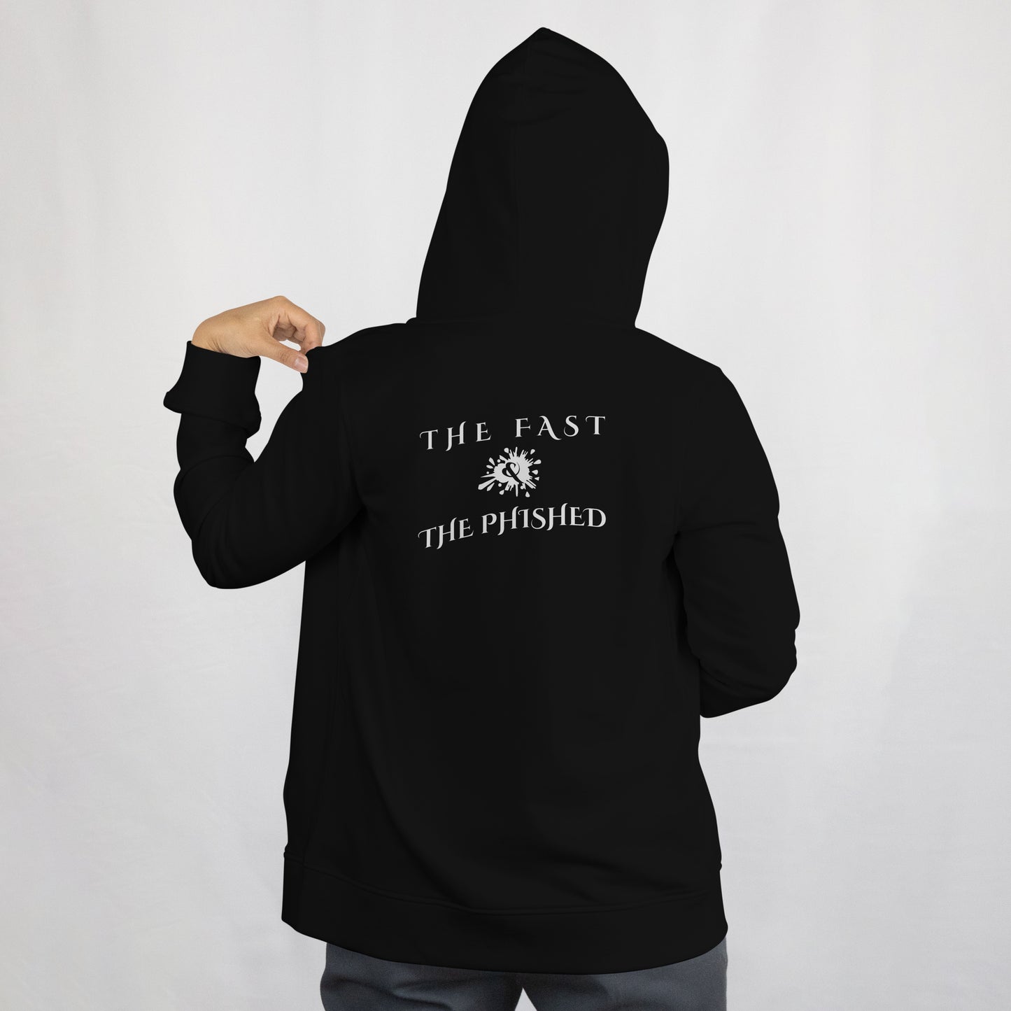 Black hoodie with text and logo on the back against a white background