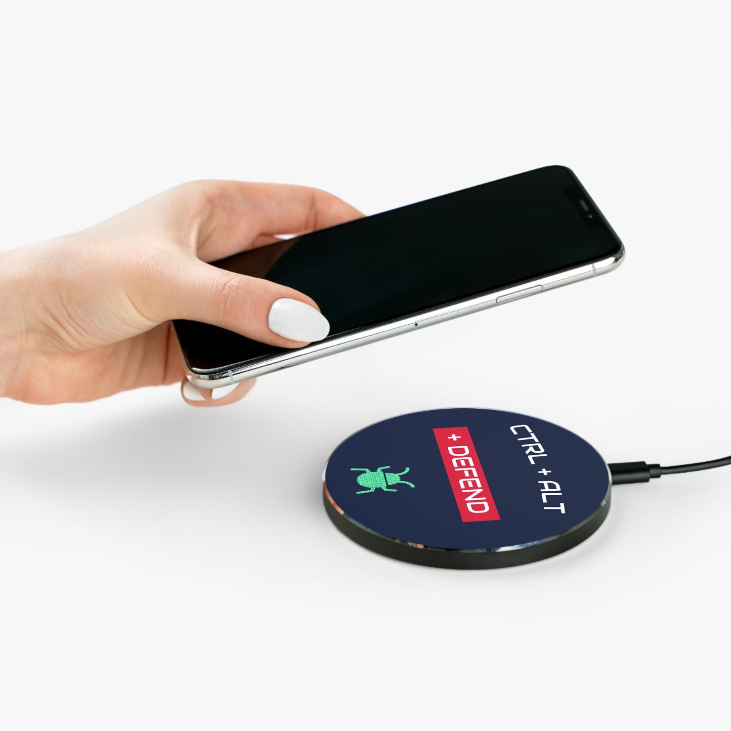 Side view of navy blue wireless charger, showcasing aluminum build, non-slip bottom, and fast-charging for IT professionals