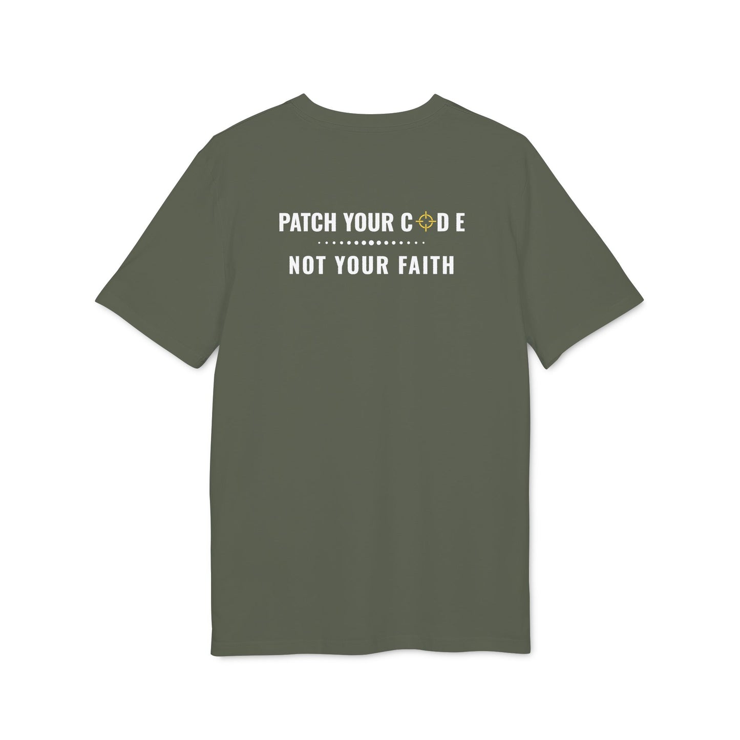 Green t-shirt with text on the back on a white background