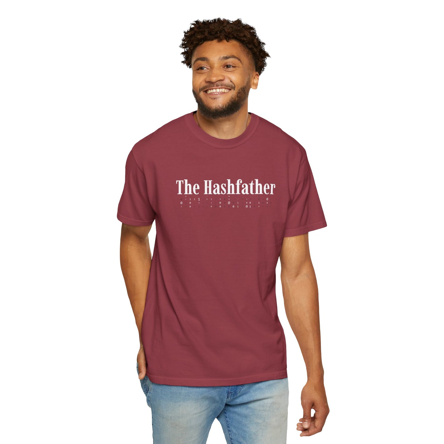 Cybersecurity pun t-shirt in chili red – The HashFather design, perfect for ethical hackers, programmers, and IT enthusiasts