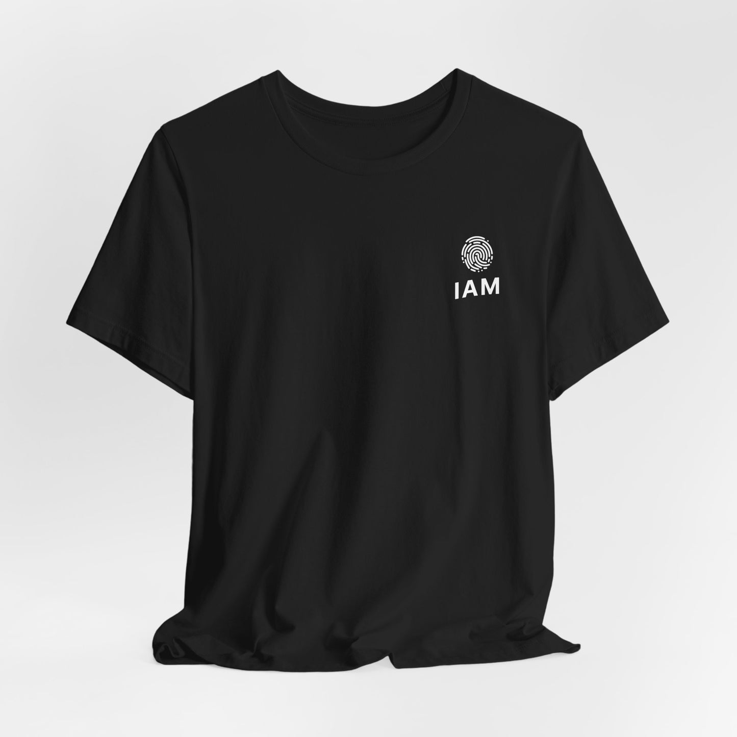 Black t-shirt with 'IAM' logo on a white background