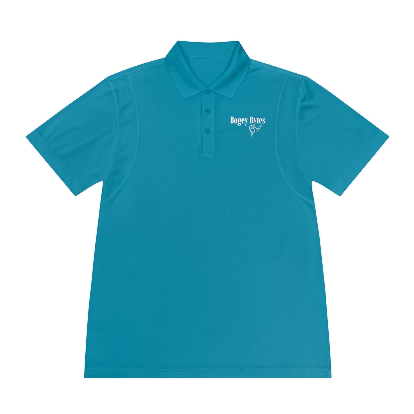 Flat lay of a tropic blue polo shirt folded neatly on a white background.