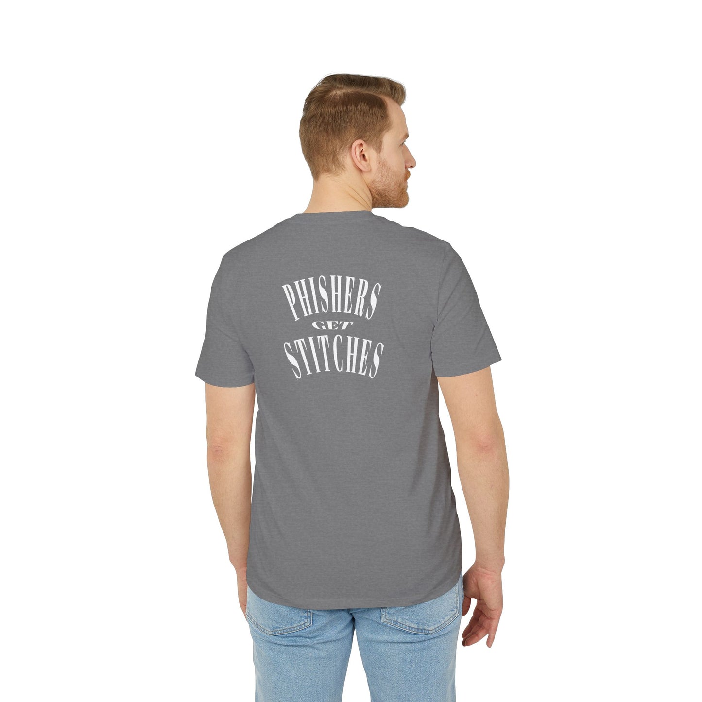 A grey t-shirt on a male model with slogan 'Phishers Get Stitches' on the back, on a white background